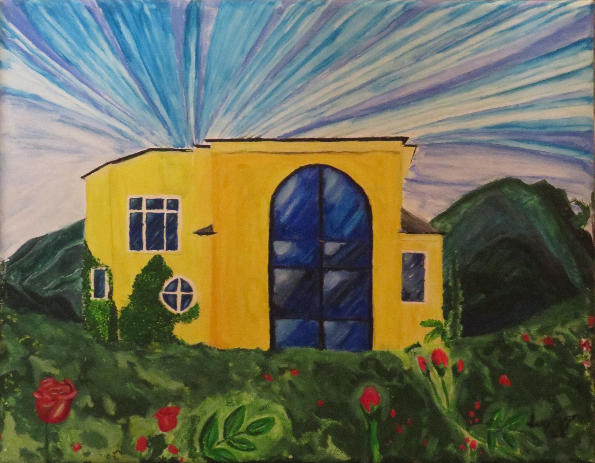 Yellow house, big blue window, blue, purple sky, red roses, green mountain, trees, grass