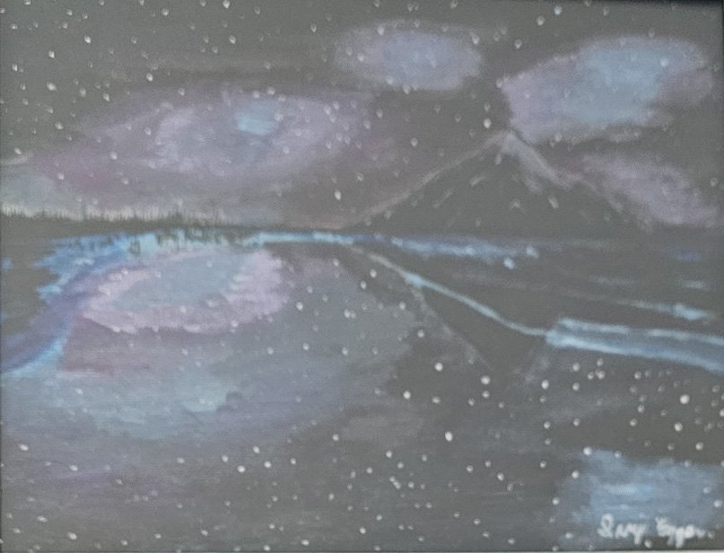 Artwork: dark purple, blue, black sky, white stars, black mountains, purple, blue water