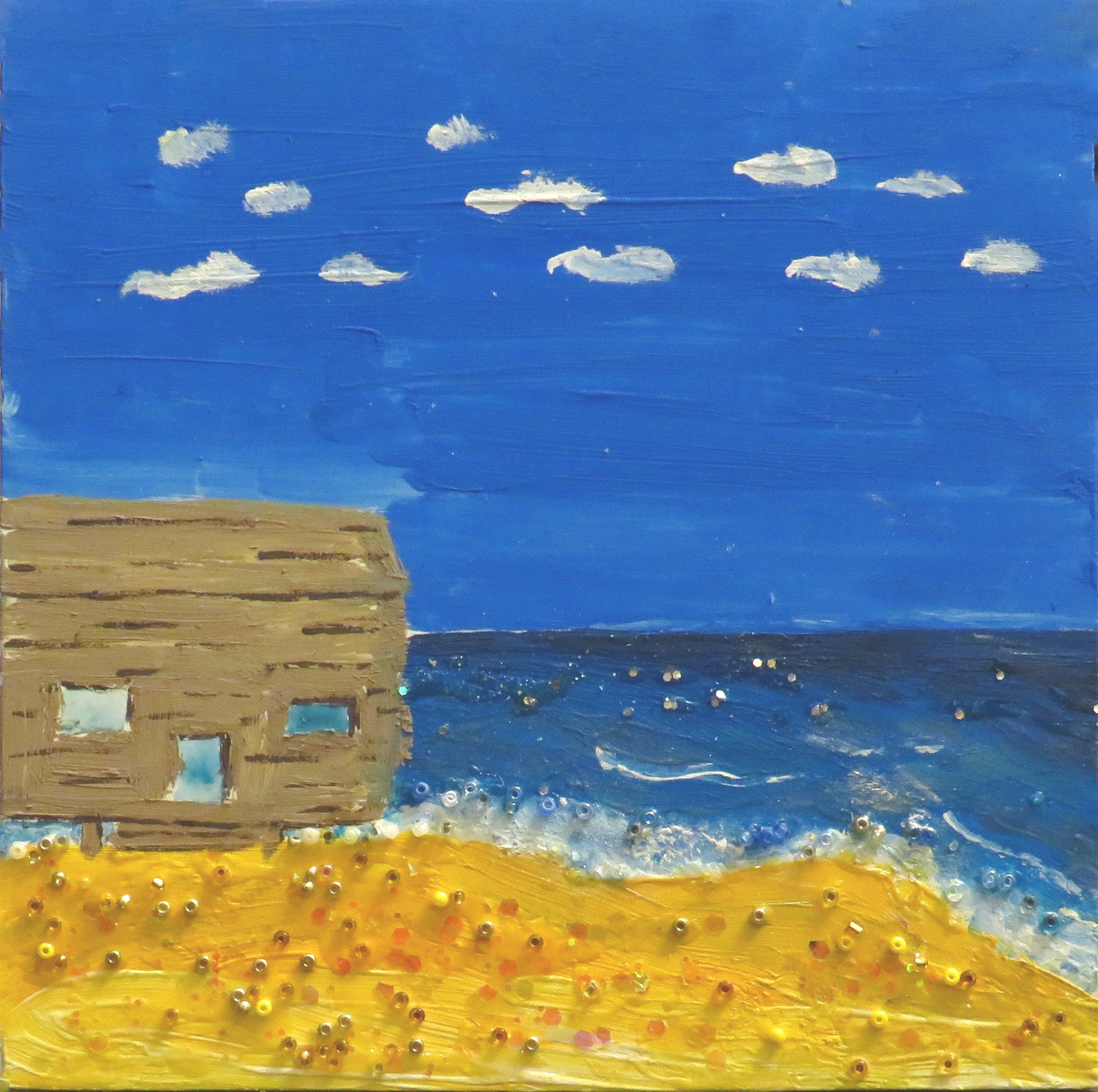 artwork: blue sky, white clouds, blue ocean, brown hut, yellow sand