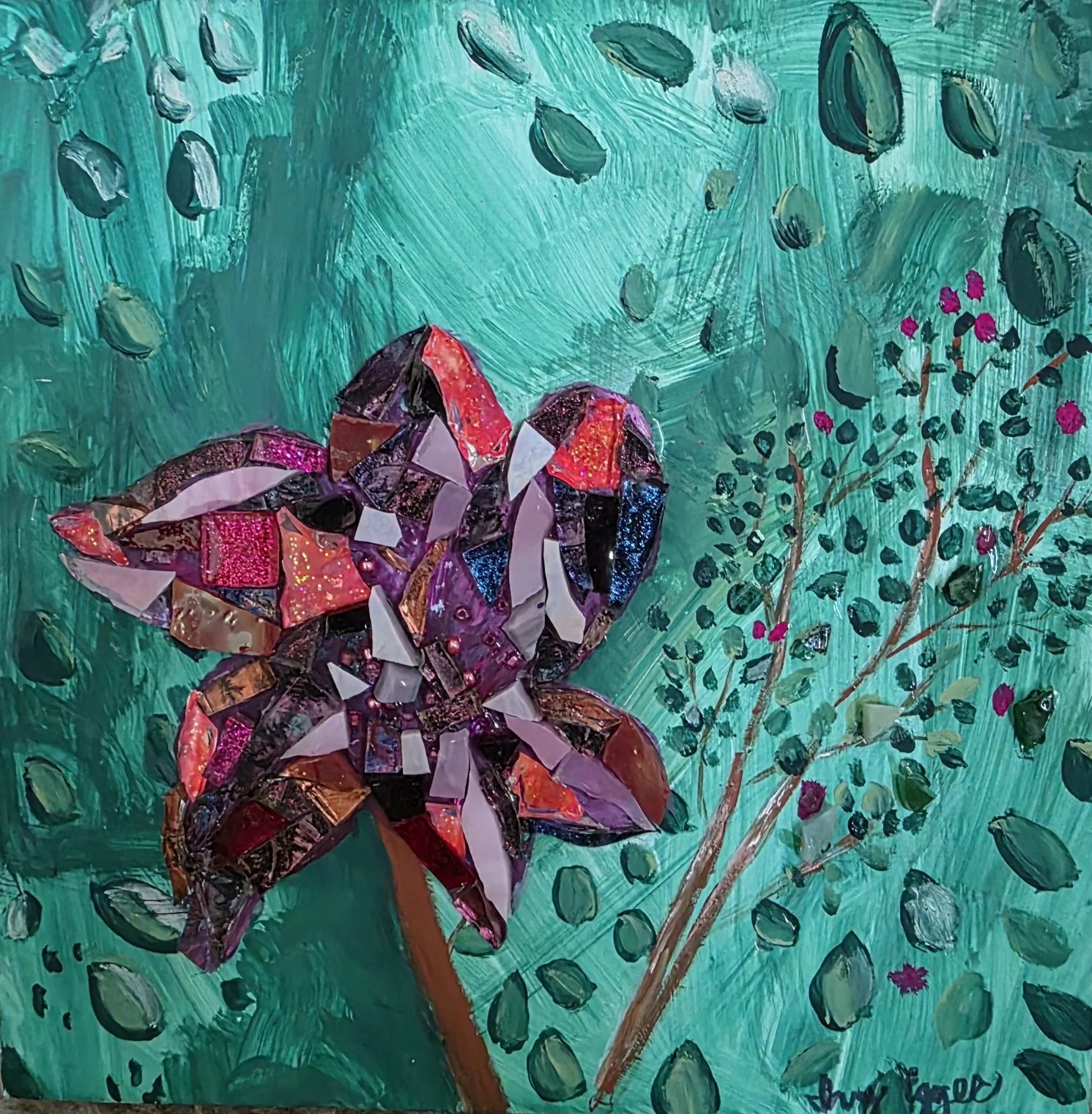 Artwork: green leaves, green background, pink flower mosaic, brown branches