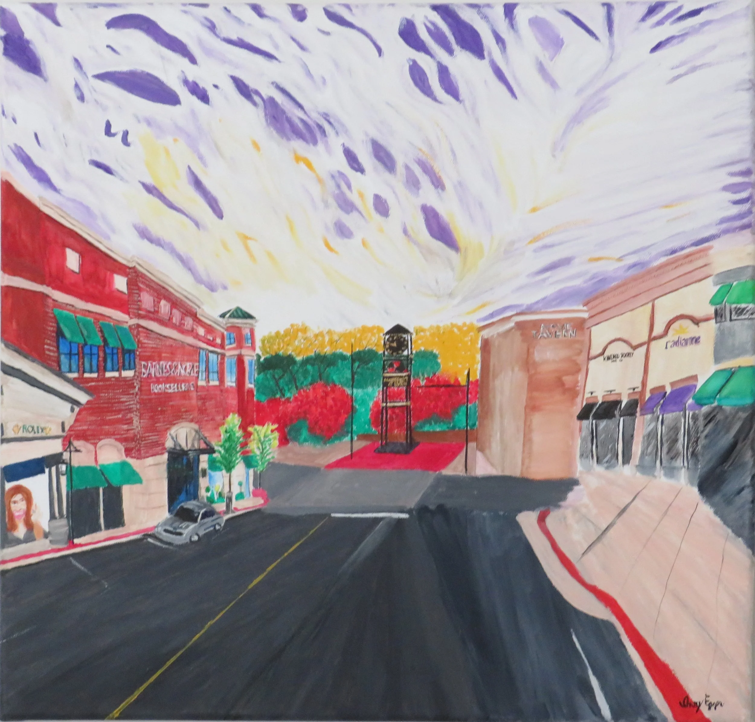 Small town street, green trees, clock tower, purple sky