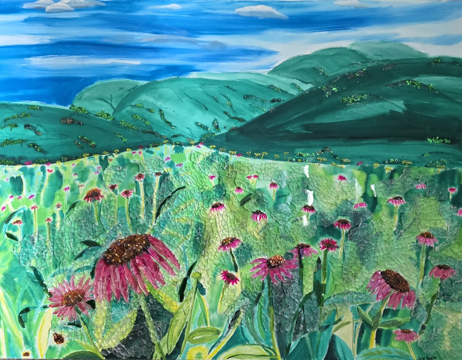 Artwork-painted blue sky, green mountains, mosaic glass field of pink coneflowers, green leaves