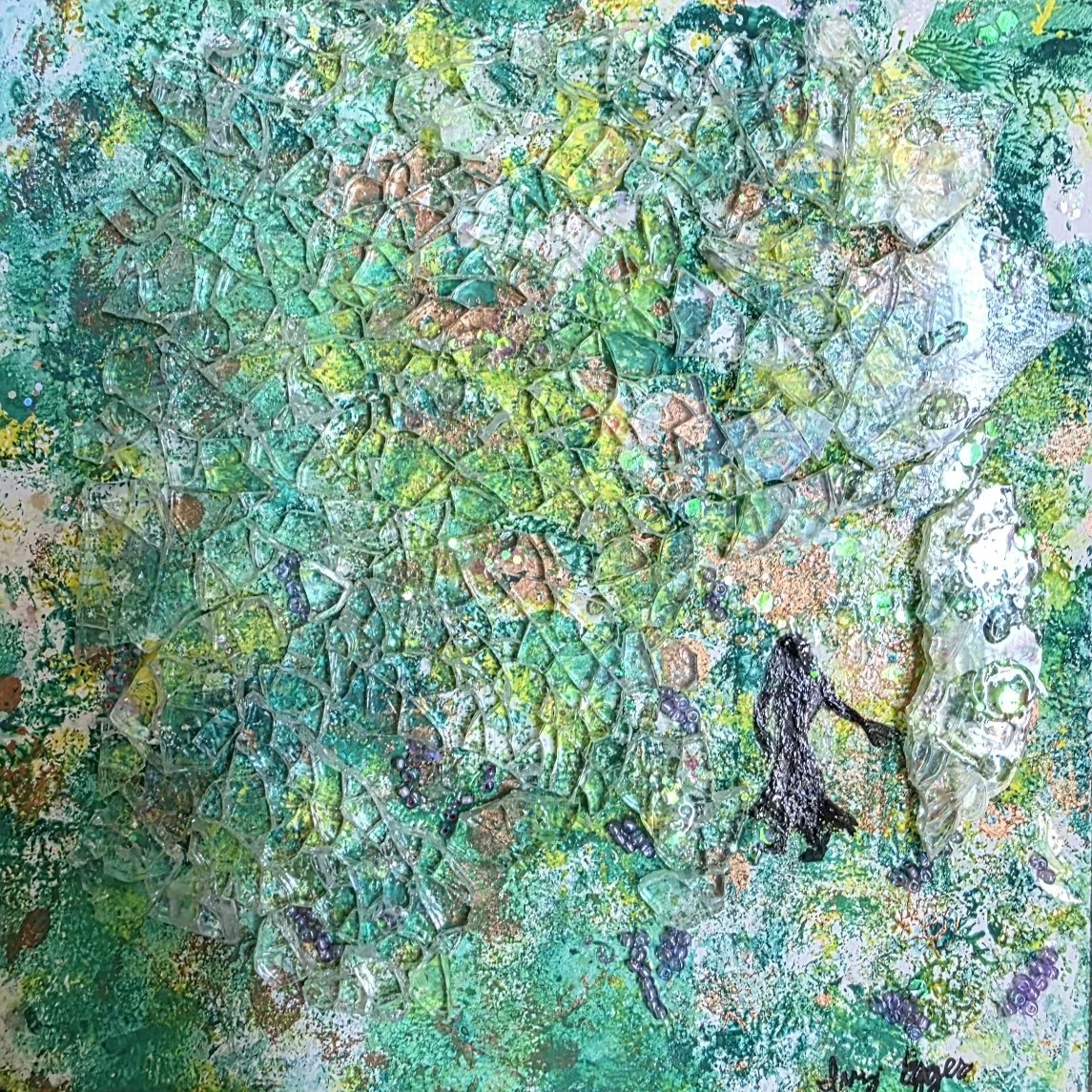 Artwork: colorful Abstract background-gold, yellow, green, dark figure in the corner