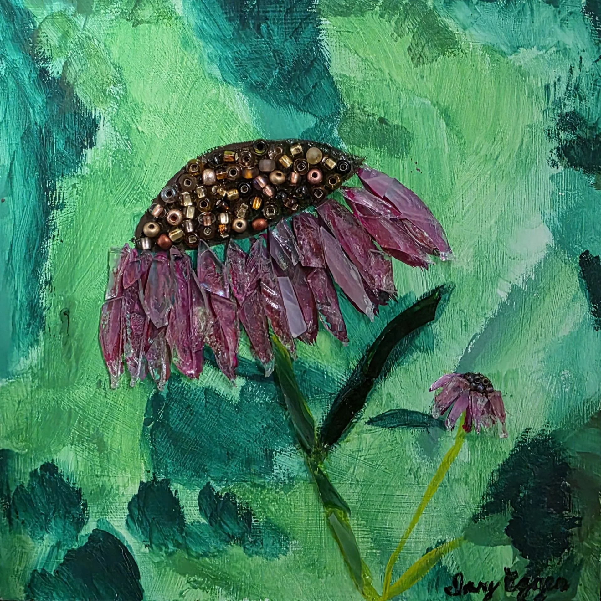 Artwork: green leaves, pink coneflower mosaic