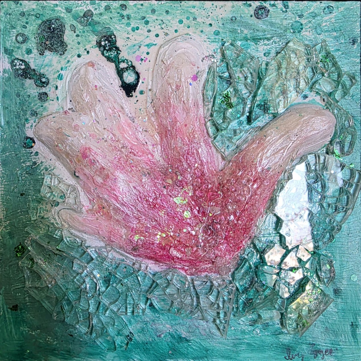 Artwork: green background, pink magnolia blossom surrounded by sparkling glass mosaic