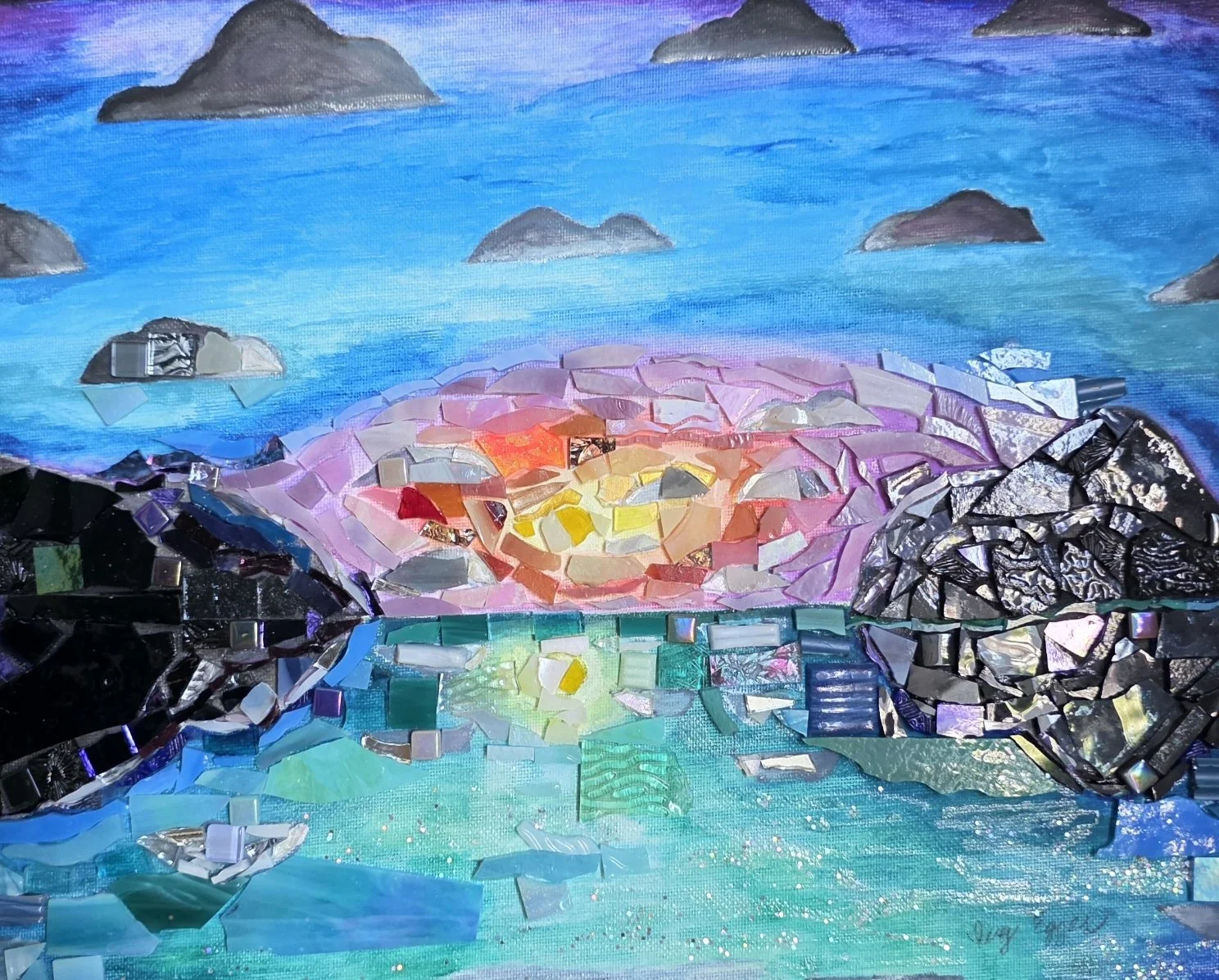 gray rocks, gray clouds, pink, yellow, orange sky, turquoise sea