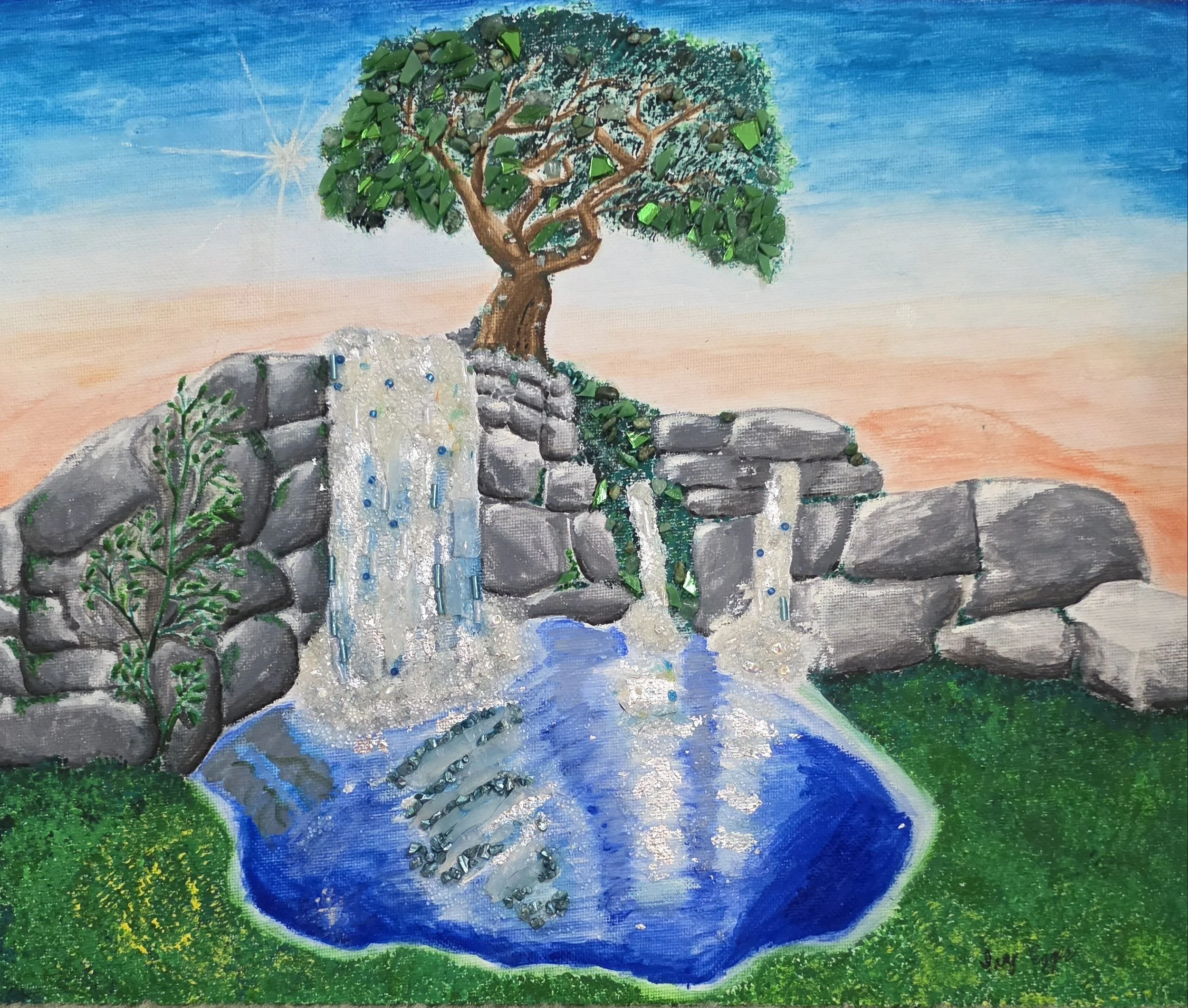 Serenity Falls Mixed media mosaic Wall Art