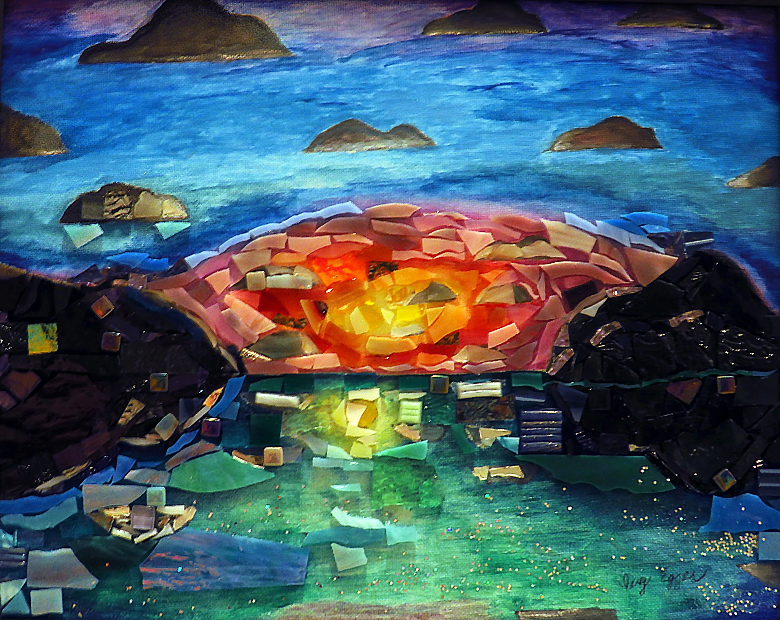 gray rocks, gray clouds, pink, yellow, orange sky, turquoise sea