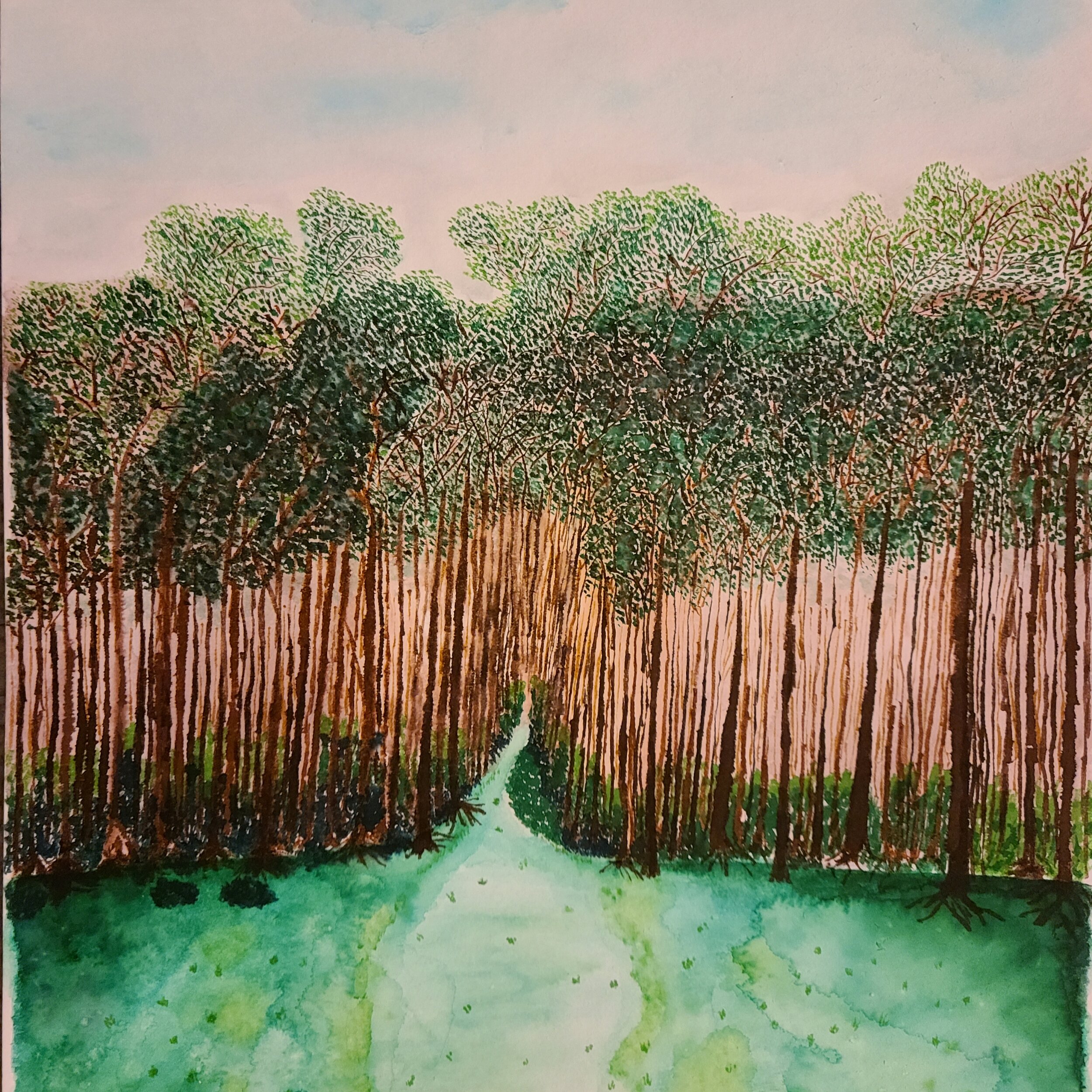 painting, green, brown trees, green grass, blue sky