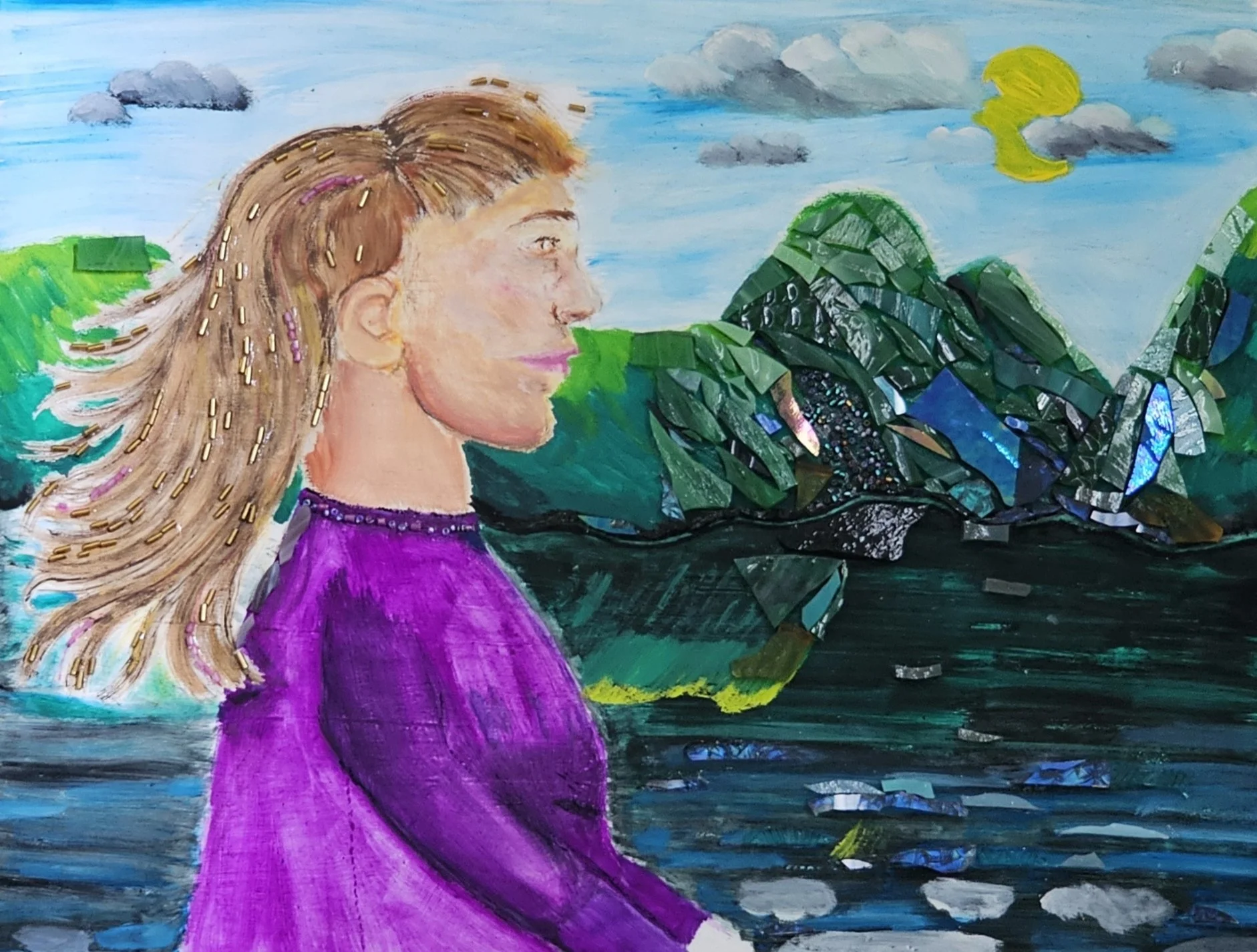 Artwork: woman in purple gazing at a mountain range reflecting on green lake, blue sky
