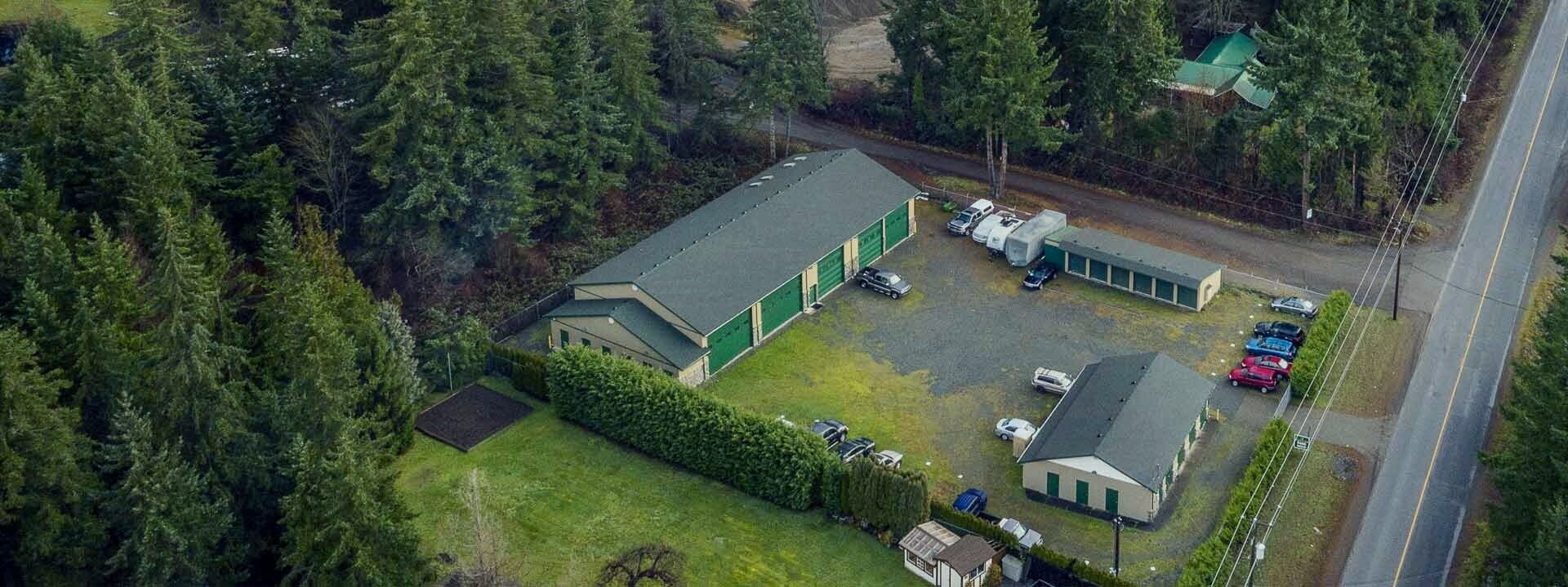 Birds-eye view of storage and parking lot.