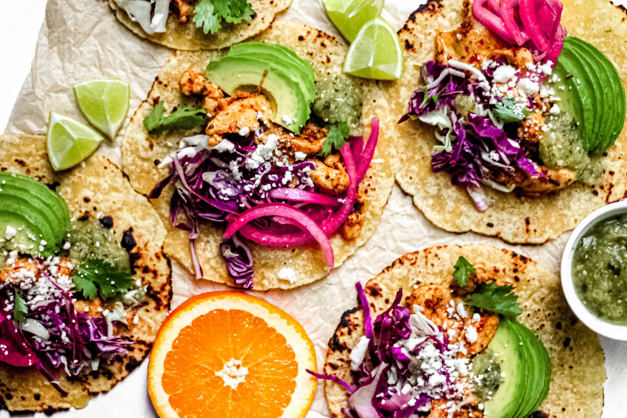 Mojo Chicken Tacos with Pickled Onions &amp; Salsa Verde 