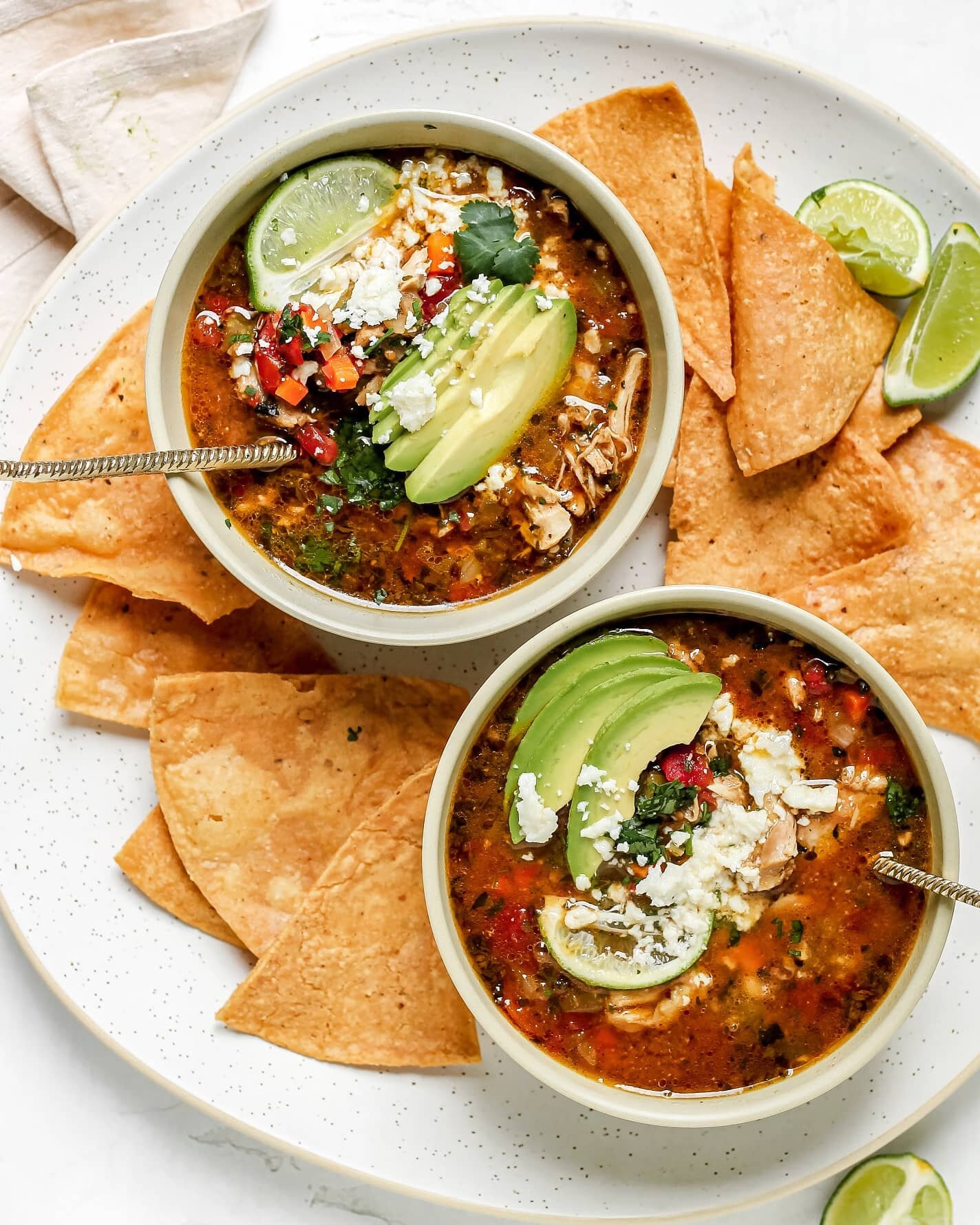 Santa Fe Spiced Chicken Tortilla Soup ☀️ new 30-minute recipe on the blog! This tortilla soup uses New Mexican Flavors and pantry staples (lime, tomatoes, mirepoix) for a toasty, comforting bowl that&rsquo;s textured and spiced with cumin, ancho chil