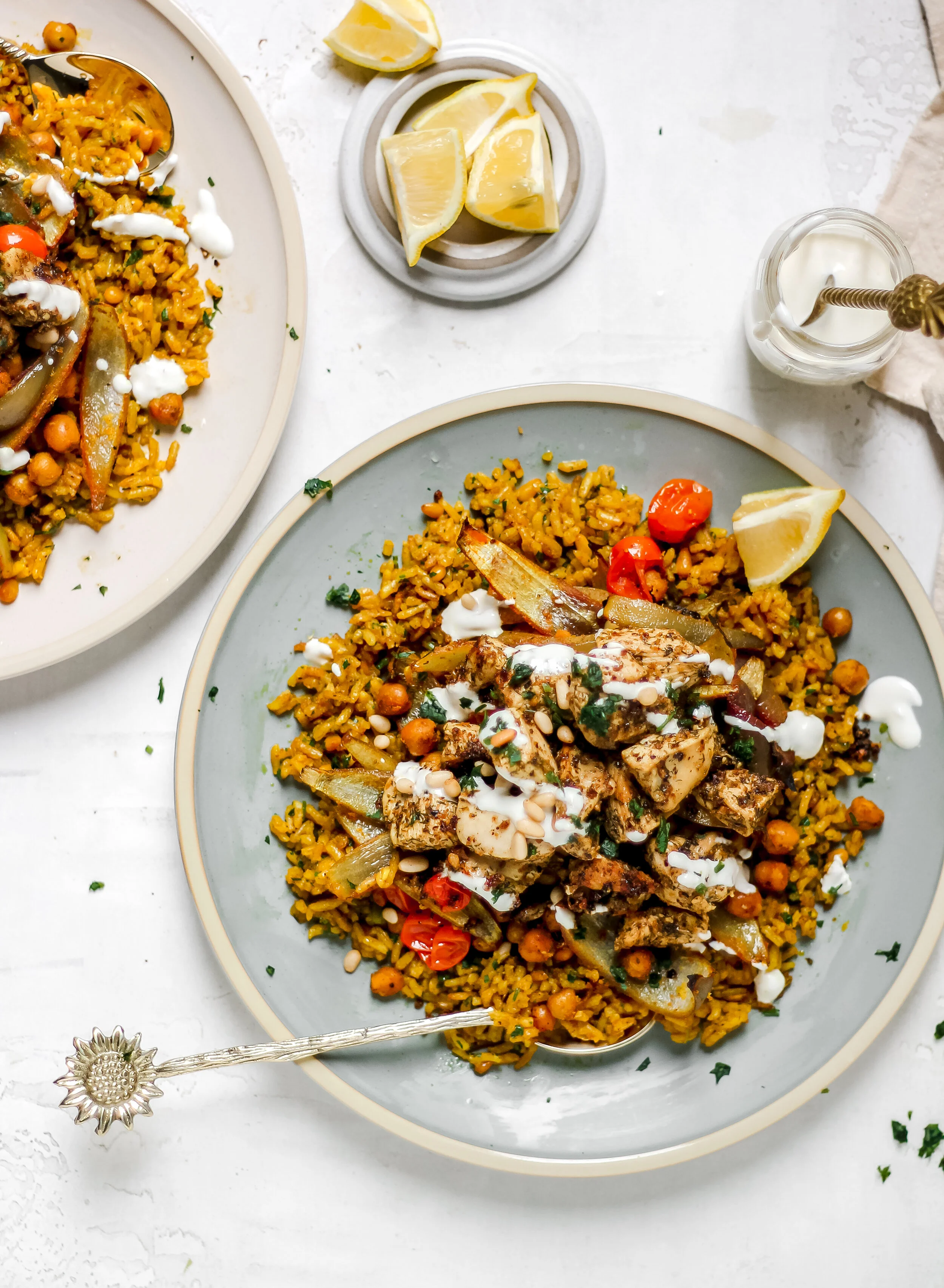 Chicken Shawarma Chickpea Bowls w/ Turmeric Rice & Garlicky White Sauce