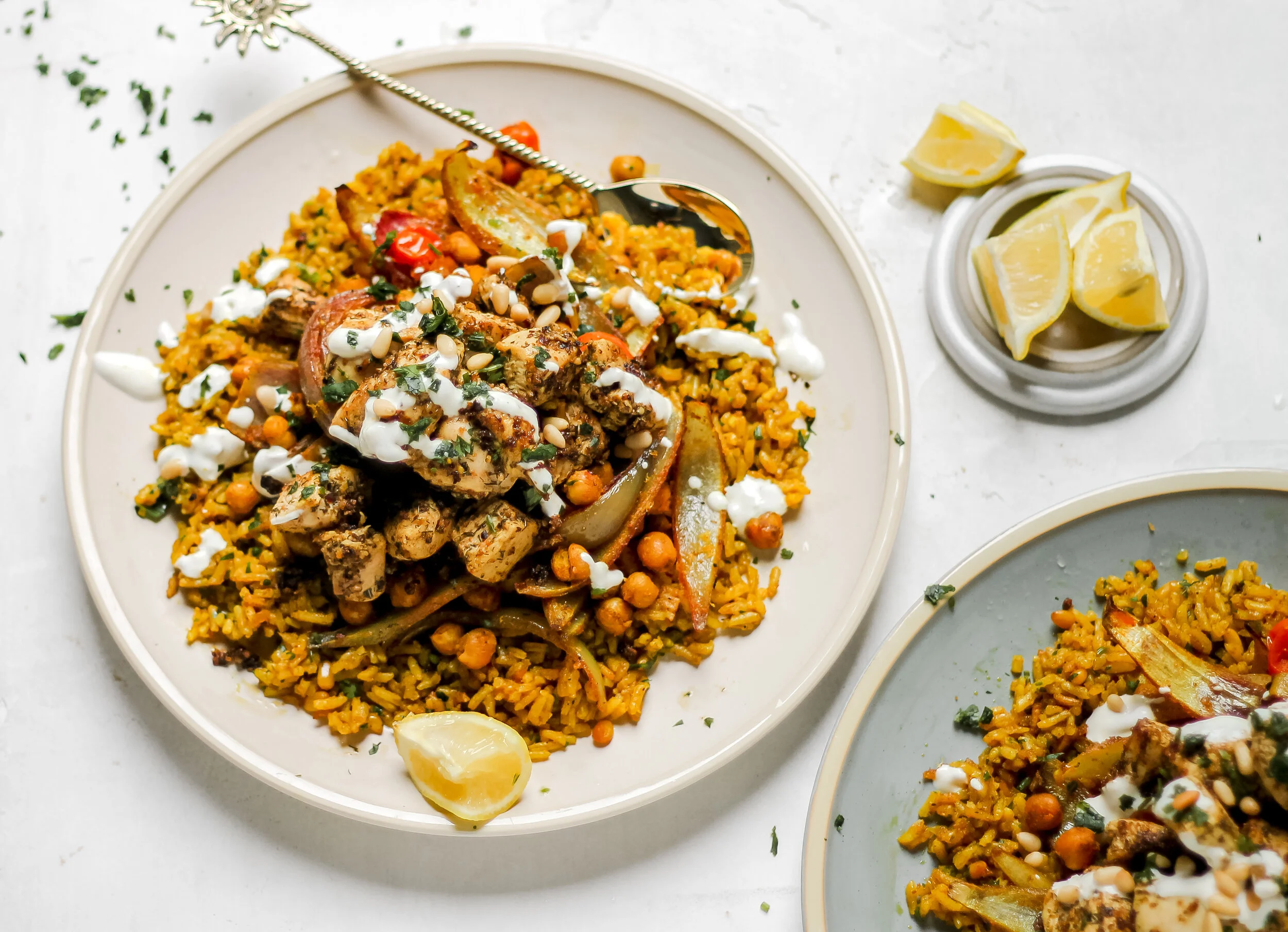 Chicken Shawarma Chickpea Bowls w/ Turmeric Rice & Garlicky White Sauce