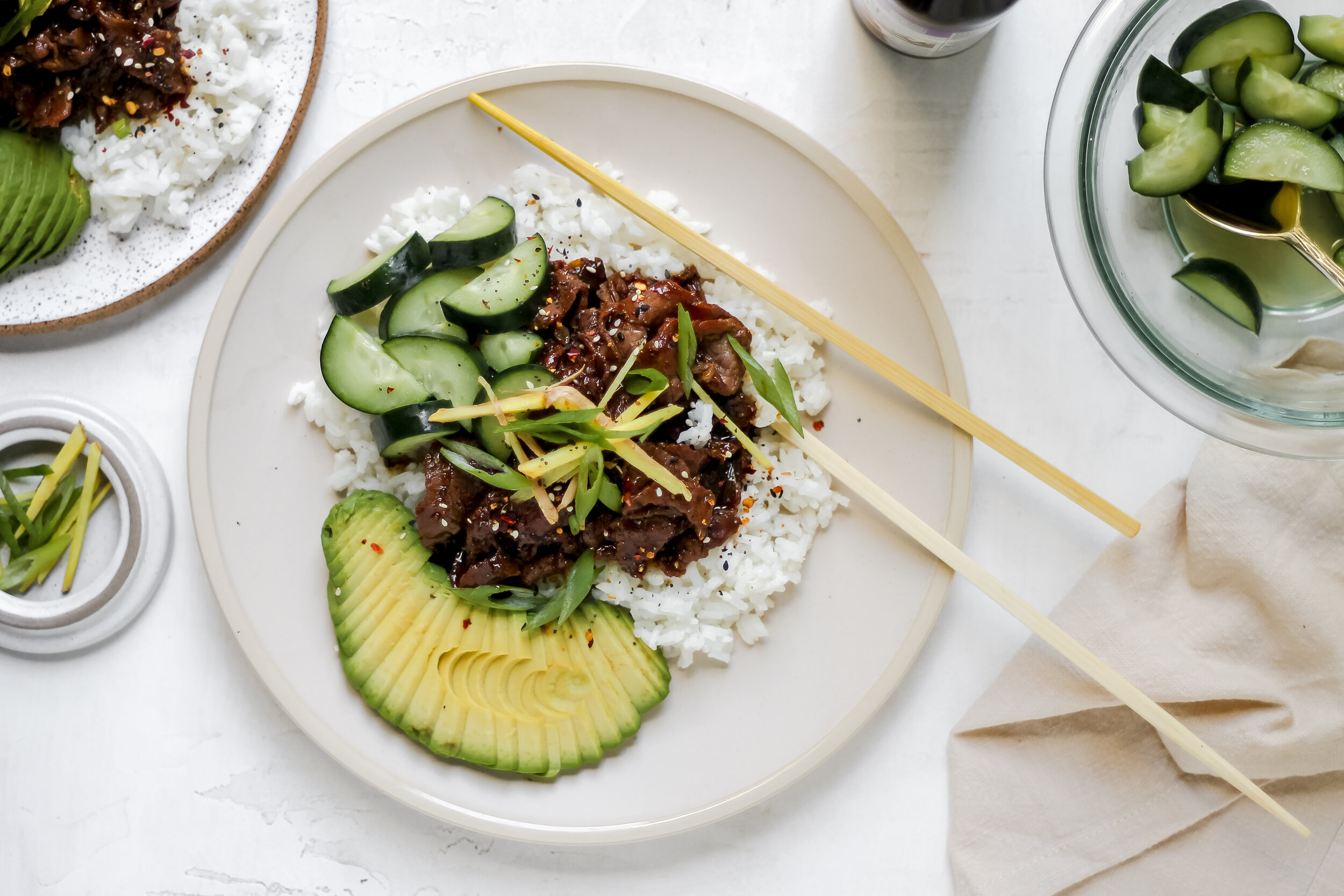 Teriyaki Beef Bowls w/ Marinated Cucumber & Avocado (30min)