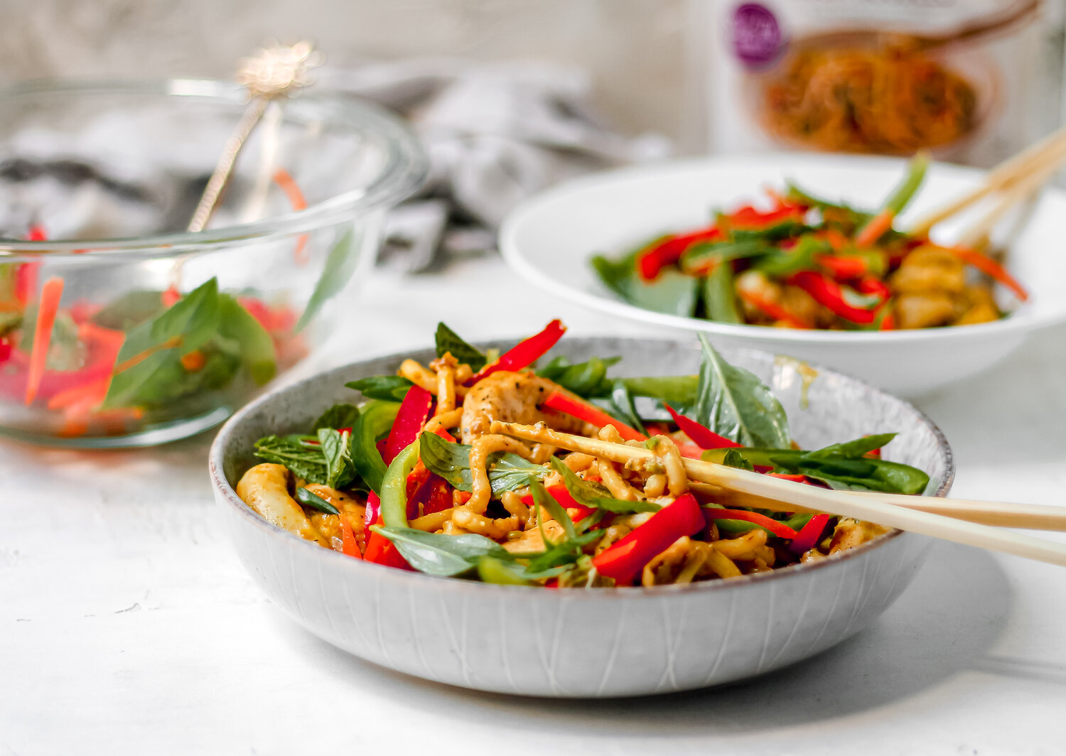 Cashew-Coconut Curry Udon with Fresh Herbs & Bell Pepper Salad