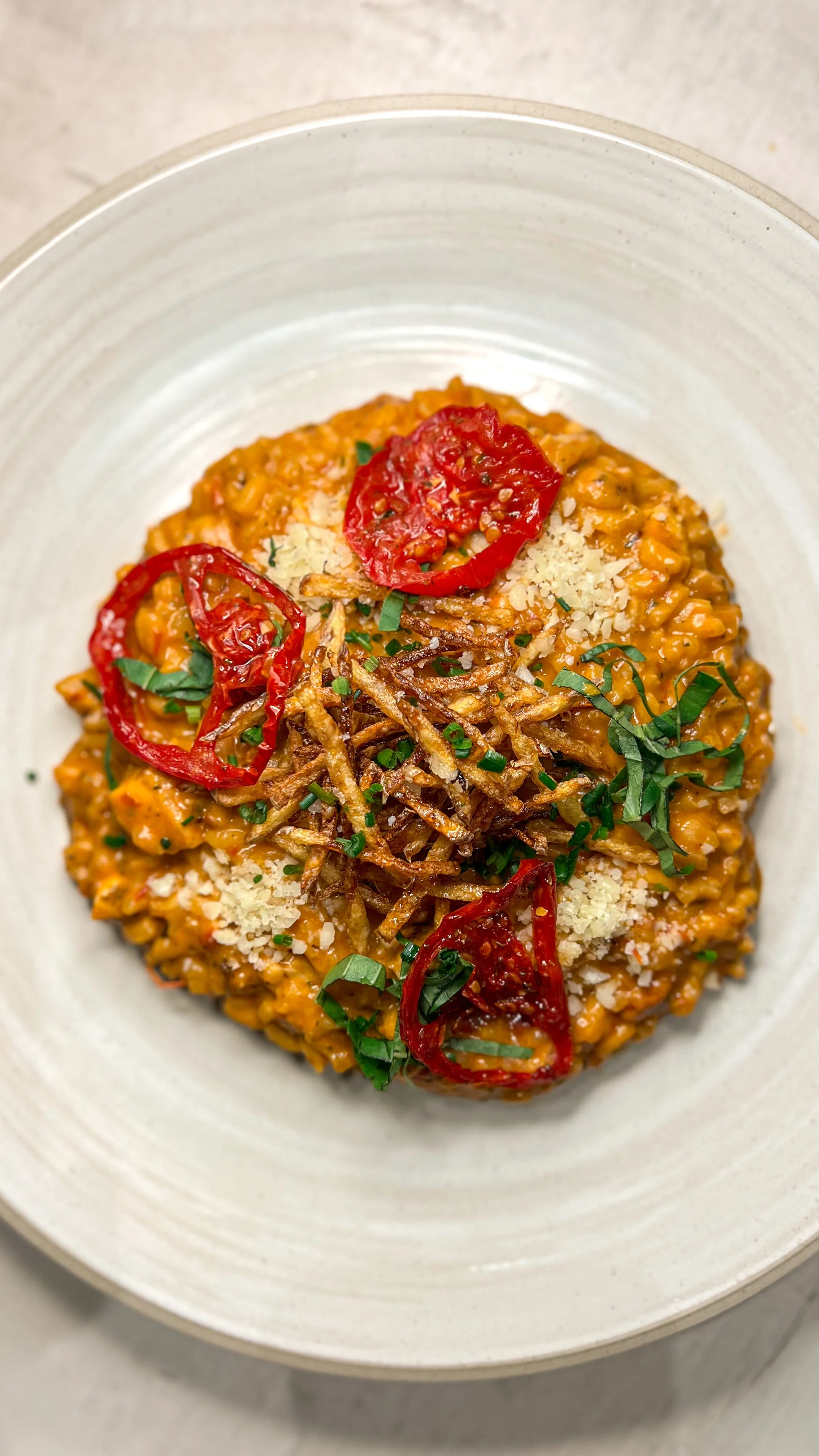 Sundried Tomato Risotto with Truffle Parmesan Fries