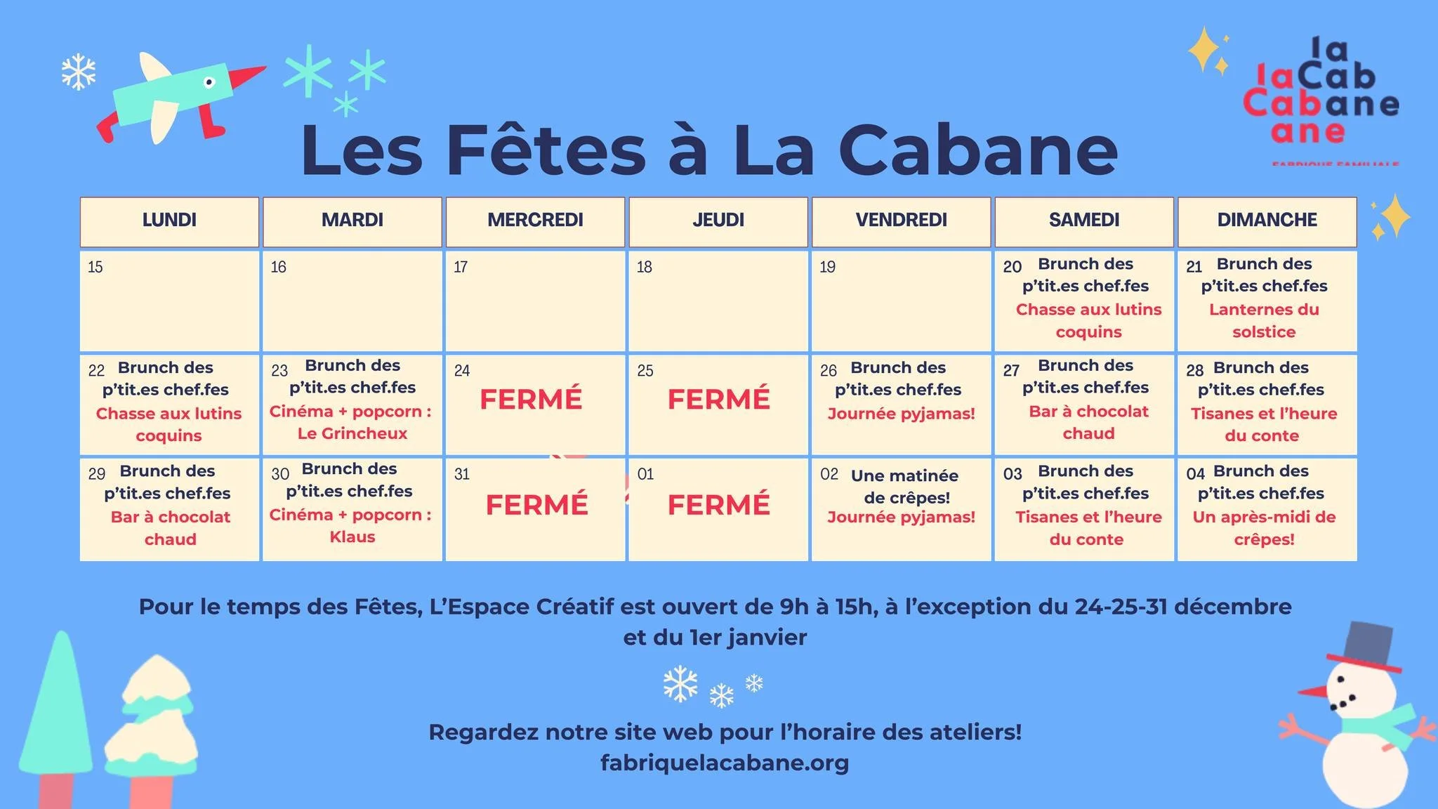 🎉 Les vacances de fin d&rsquo;ann&eacute;e arrivent &agrave; grands pas&hellip; et on a envie de faire la f&ecirc;te avec vous &agrave; La Cabane! 🎉

Journ&eacute;es th&eacute;matiques, ateliers brico + cuisine, cin&eacute;ma, brunch&hellip; il y e