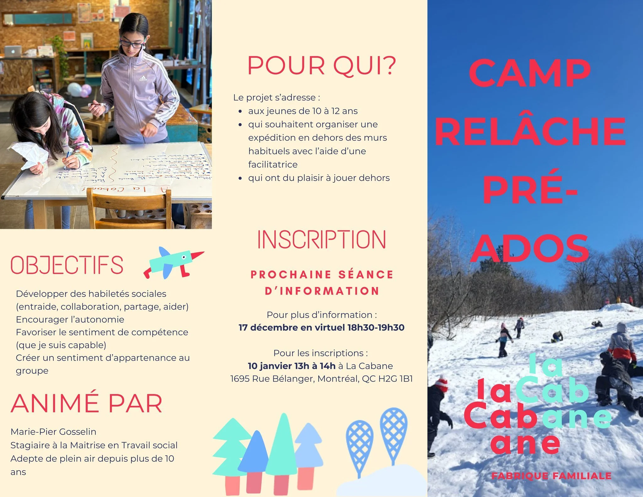🔥 Nouveau cette ann&eacute;e : le camp pr&eacute;-ados! 🔥

Un camp pens&eacute; sp&eacute;cialement pour les 10&ndash;12 ans : aventures, plein air, d&eacute;fis, projets cr&eacute;atifs et esprit d&rsquo;&eacute;quipe.
Un espace pour explorer, se 