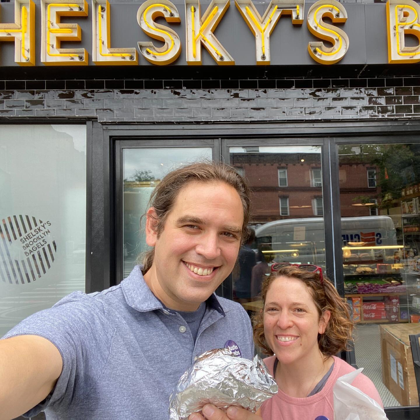 Casey and I took a break from a long day of knocking doors today to get lunch at one of our favorite places to eat in Brooklyn: Shelsky's! Ben behind the counter recommended we try the pastrami, egg, and cheese on a pumpernickel, and we&rsquo;re so g