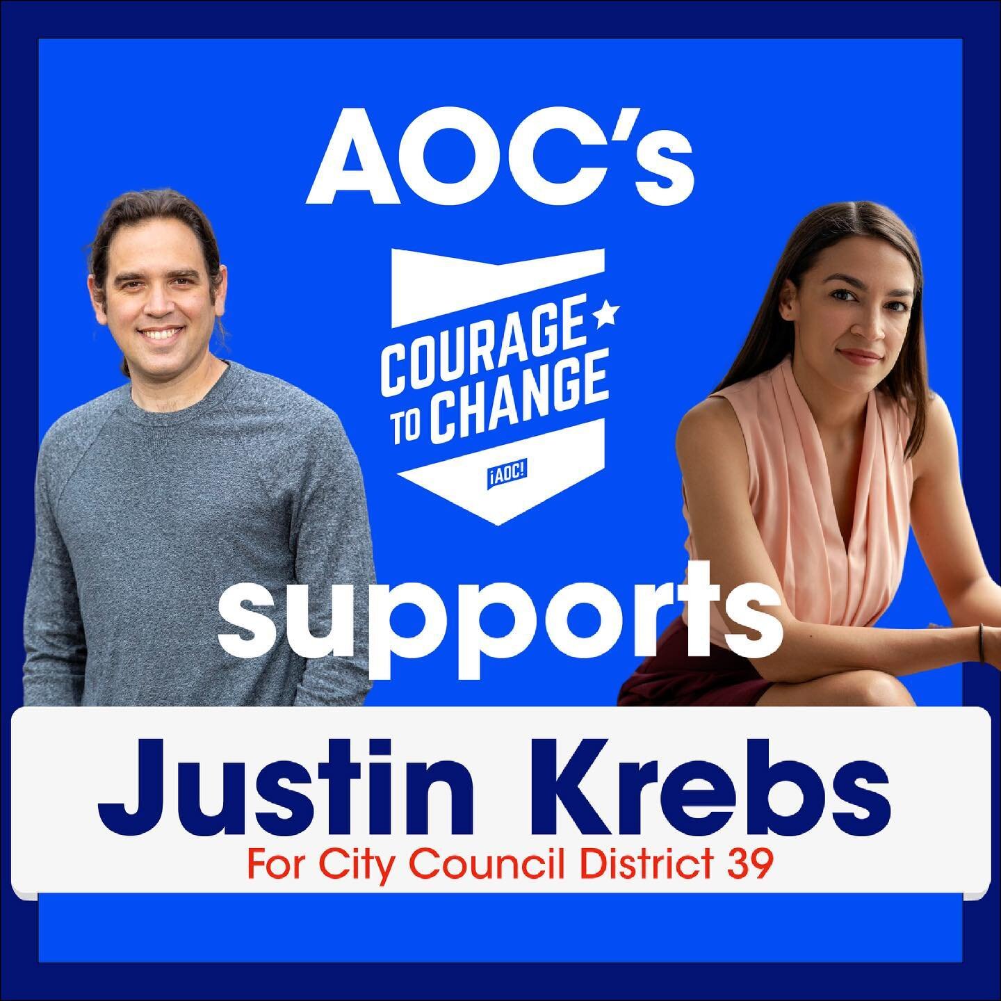 I&rsquo;m so excited and grateful to get to announce that @aoc&rsquo;s Courage for Change has chosen to support me for City Council District 39! Together, we can do this.

#Together39 #KrebsForCouncil #JustinKrebs #Progressive #CityCouncil #39thDistr
