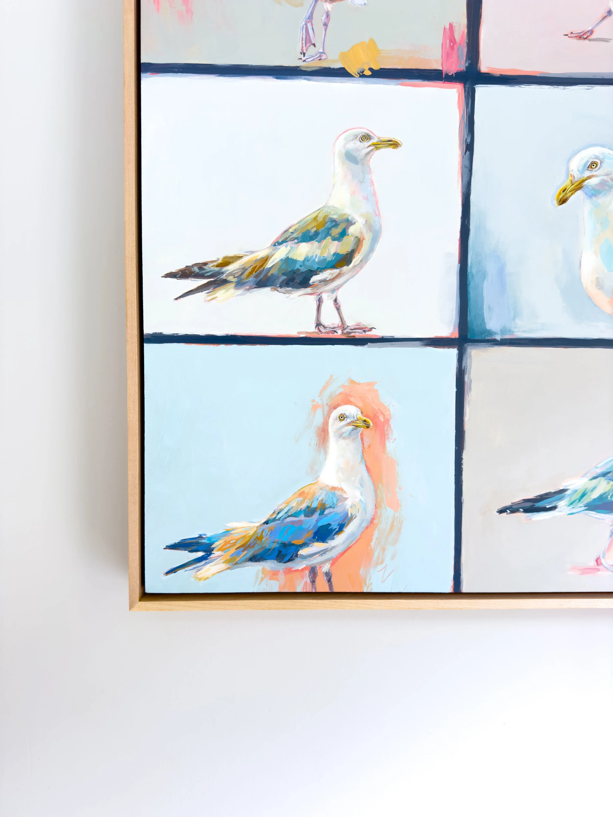 Colorful, expressive painting of seagulls by artist Kristen Preble