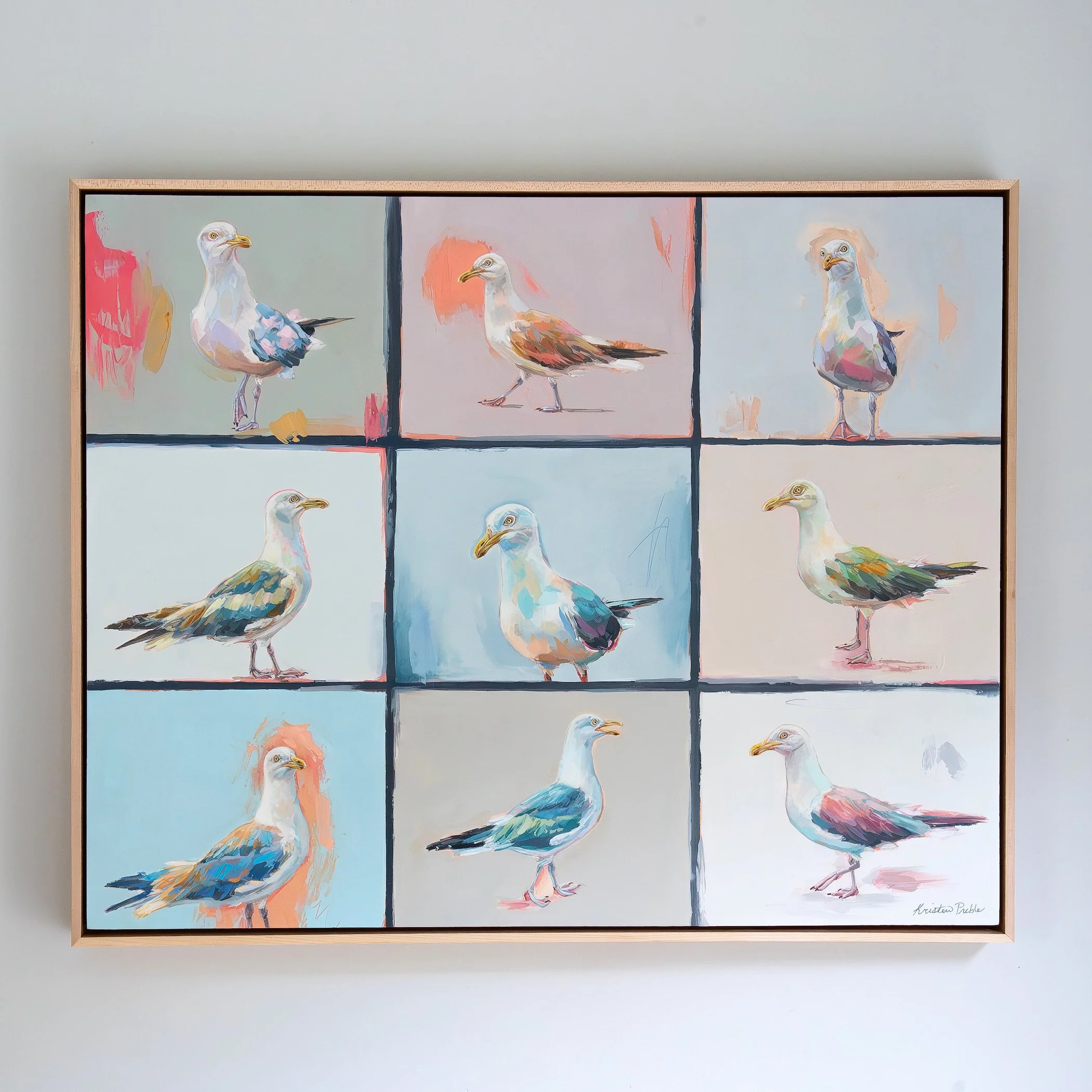 Colorful, expressive painting of seagulls by artist Kristen Preble