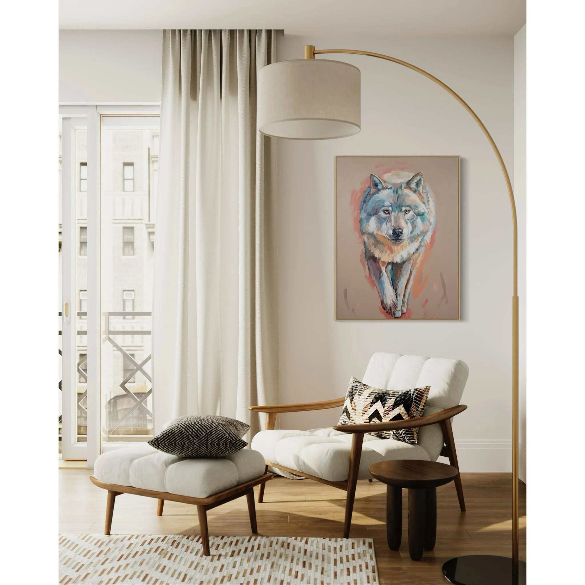 Colorful, expressive painting of wolf on the prowl by artist Kristen Preble