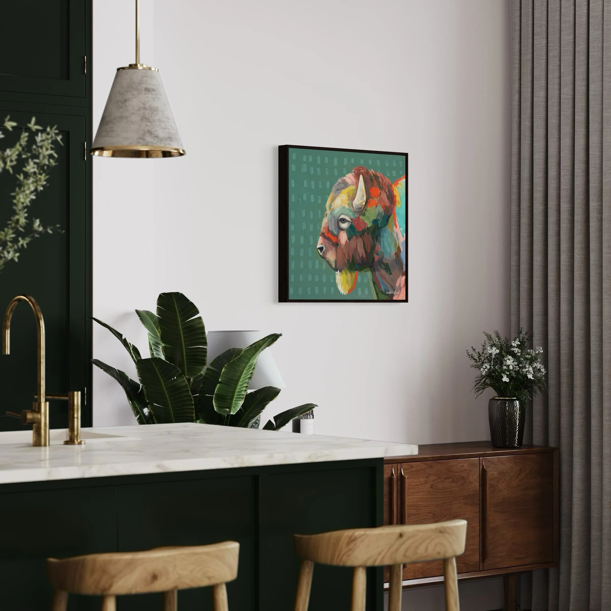 Colorful, expressive painting of bison by artist Kristen Preble