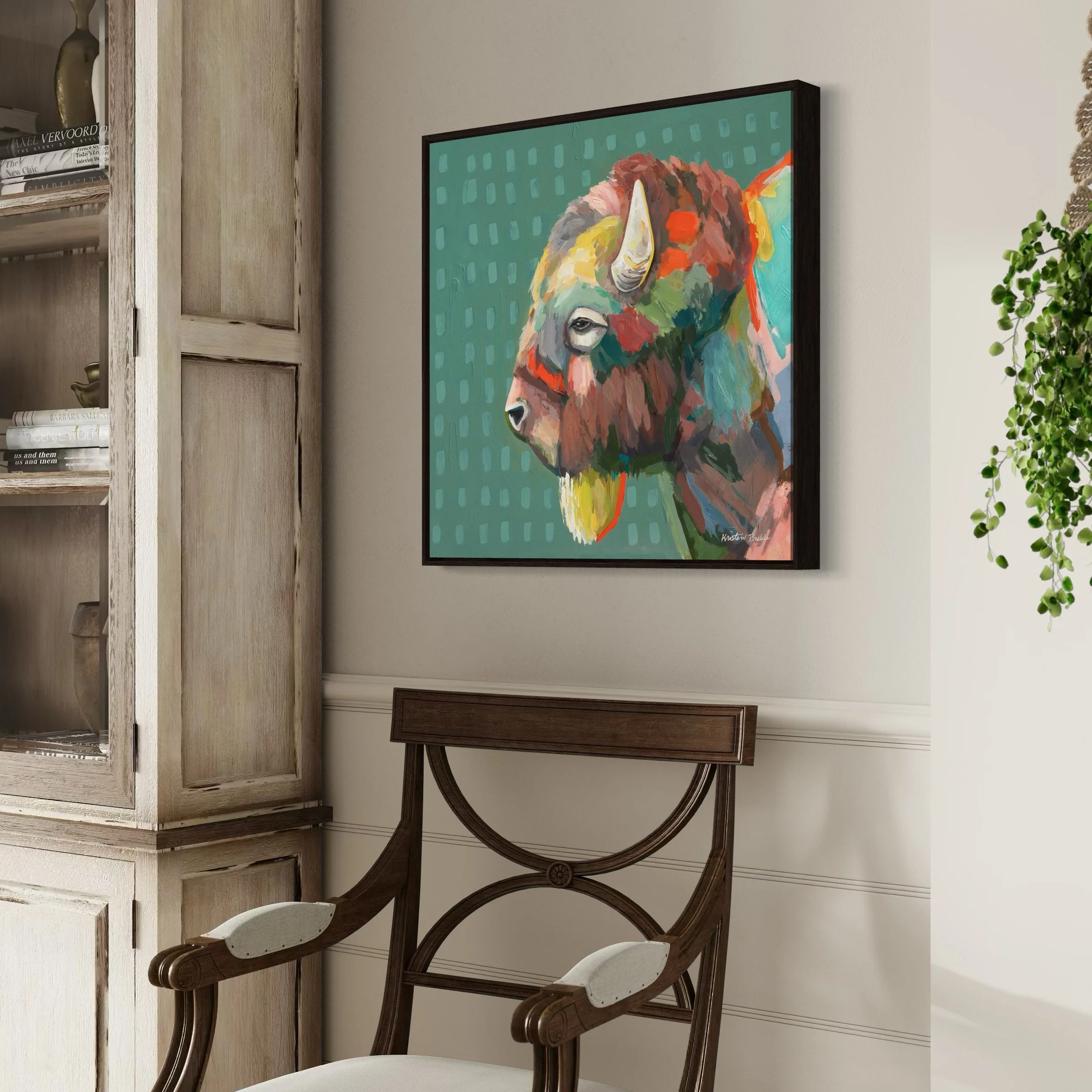 Colorful, expressive painting of bison by artist Kristen Preble