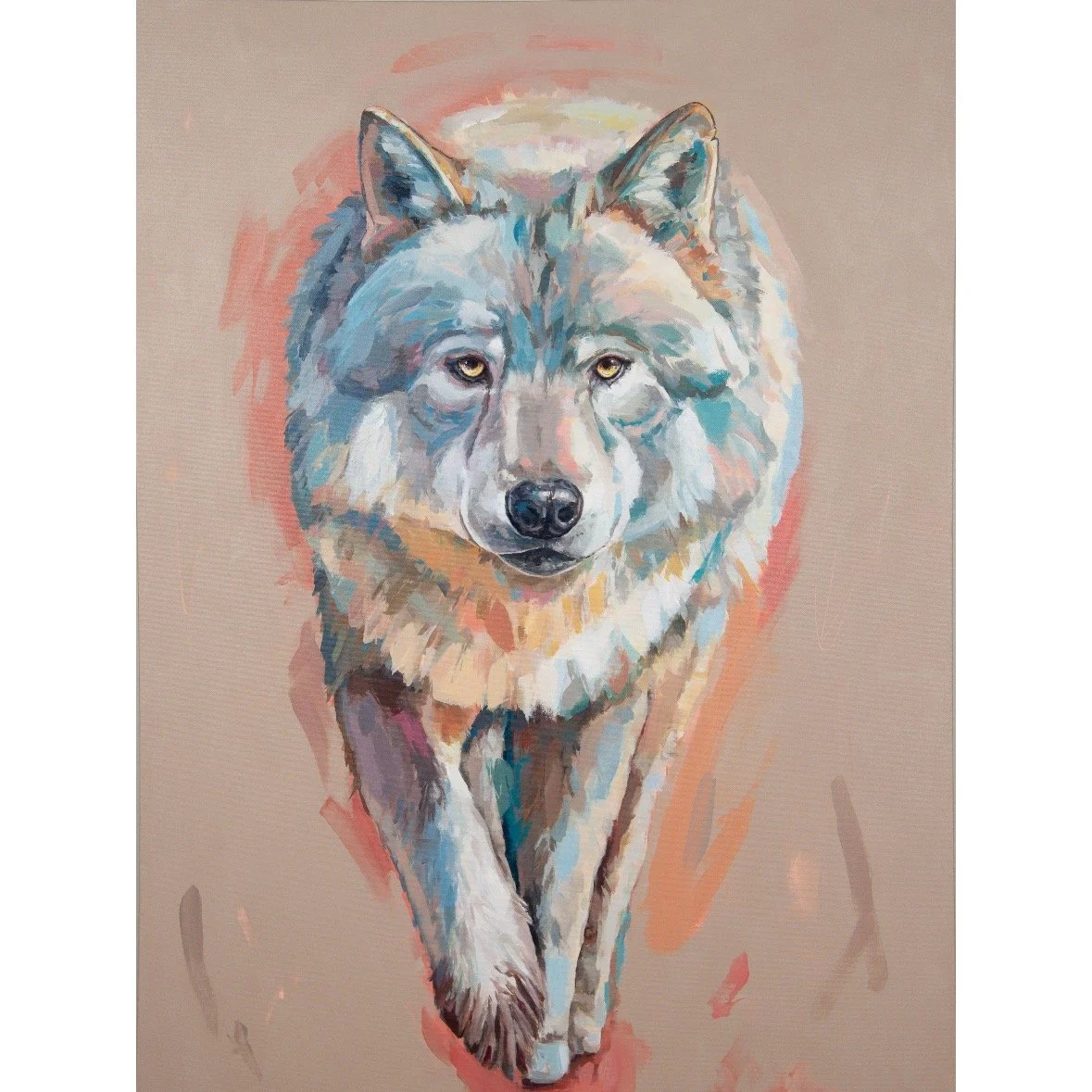 Colorful, expressive painting of wolf on the prowl by artist Kristen Preble