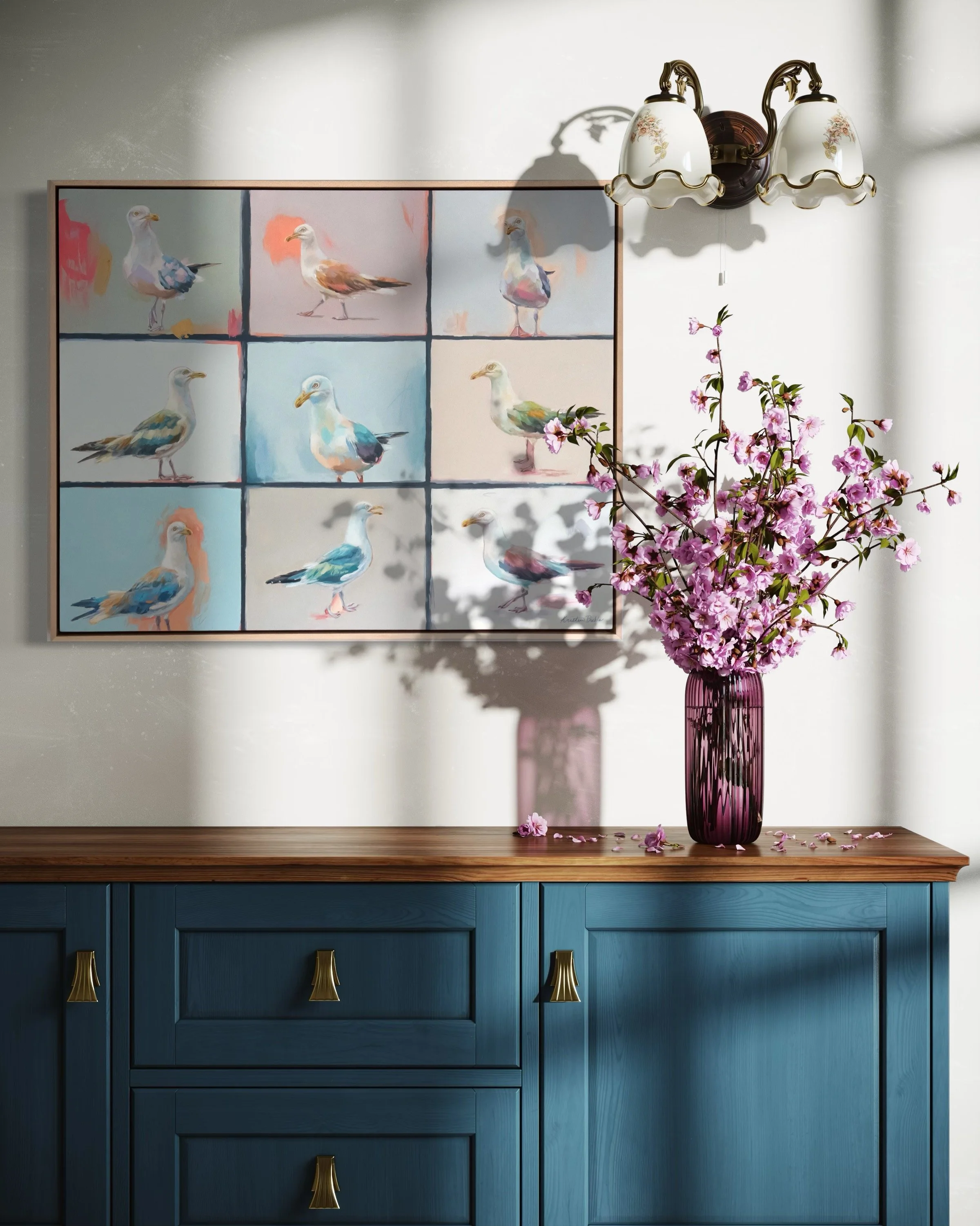 Colorful, expressive painting of seagulls by artist Kristen Preble