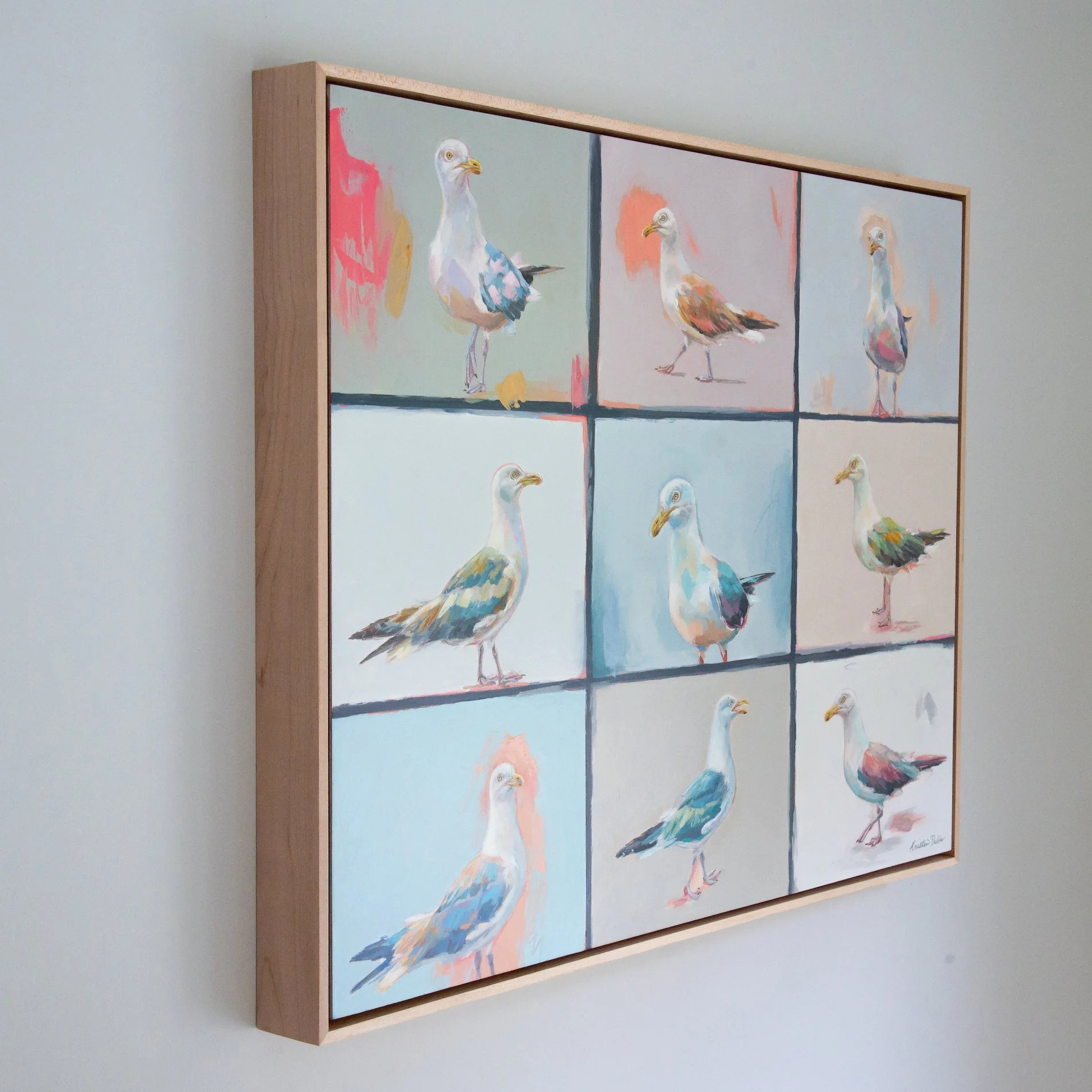 Colorful, expressive painting of seagulls by artist Kristen Preble
