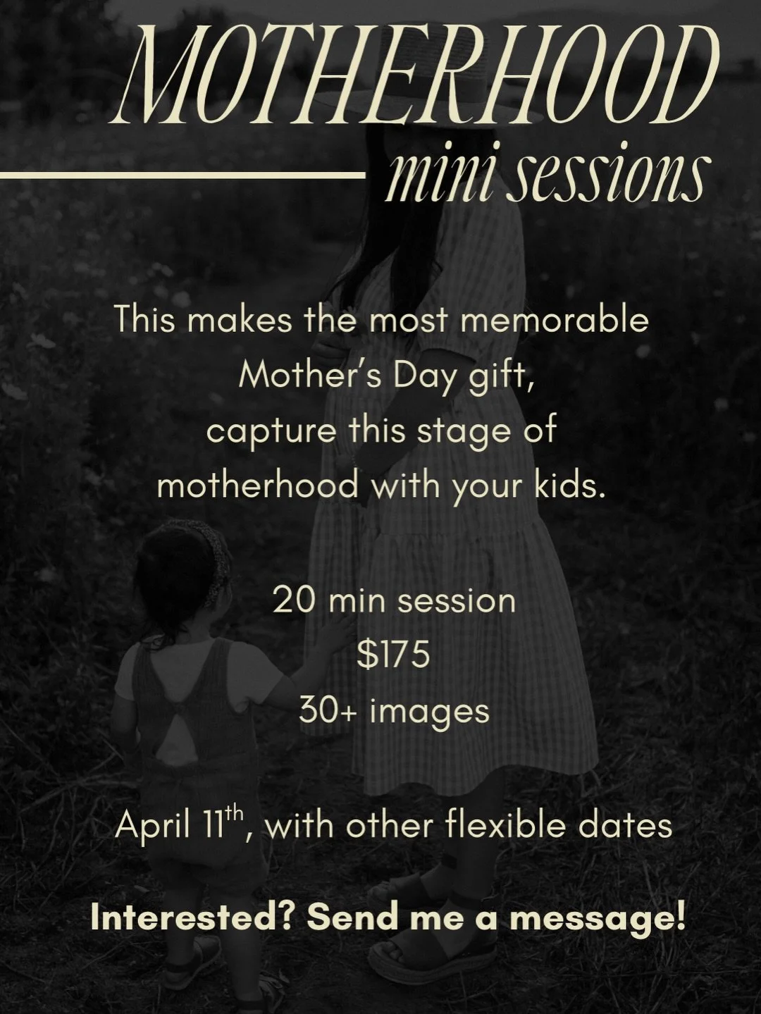 MOTHERHOOD MINIS!!!
Who takes all the pics but rarely gets nice photos of herself? MOM 🖤
These minis are seriously the best Mother&rsquo;s Day gift! We started doing these sessions for my wife a few years ago and loved the chance it gives to capture