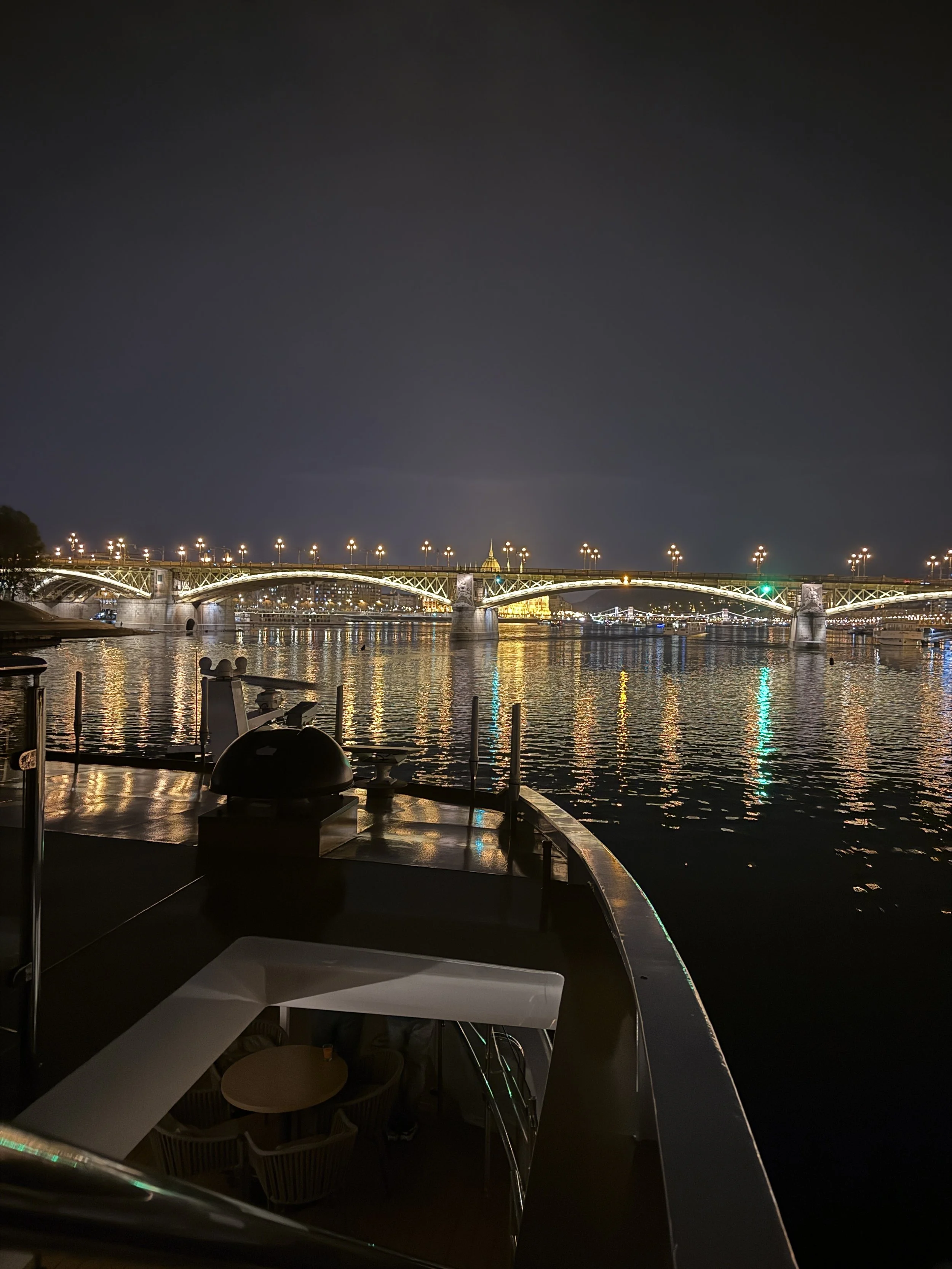 View from Danube river cruise entering Budapest at night.