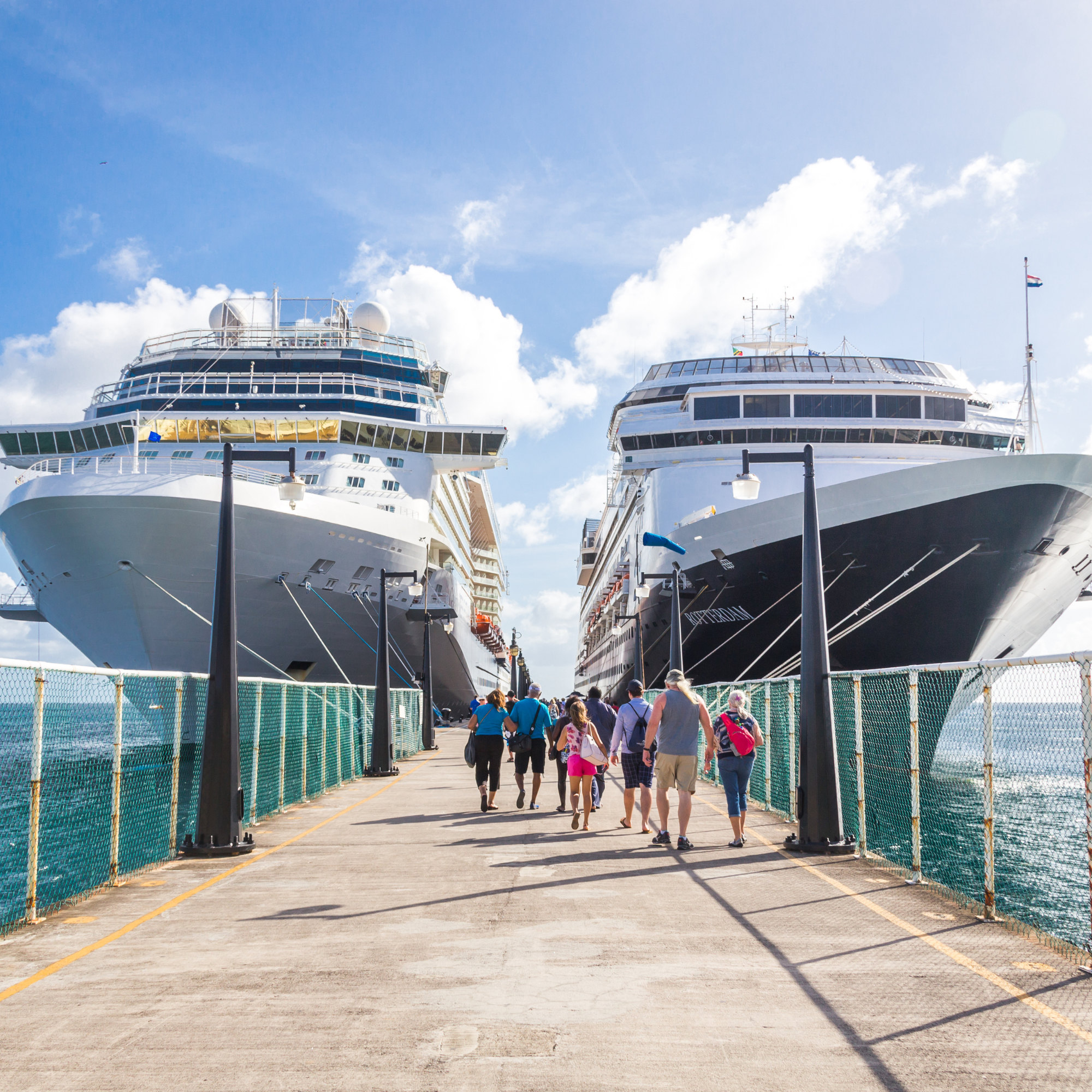 A large group of people walk up a dock toward two cruise ships.
