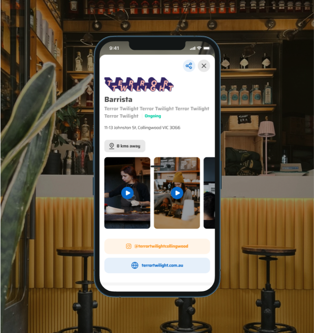 Smartphone display showing information for Terror Twilight in a cafe or bar, with photos, social media links, and location details.