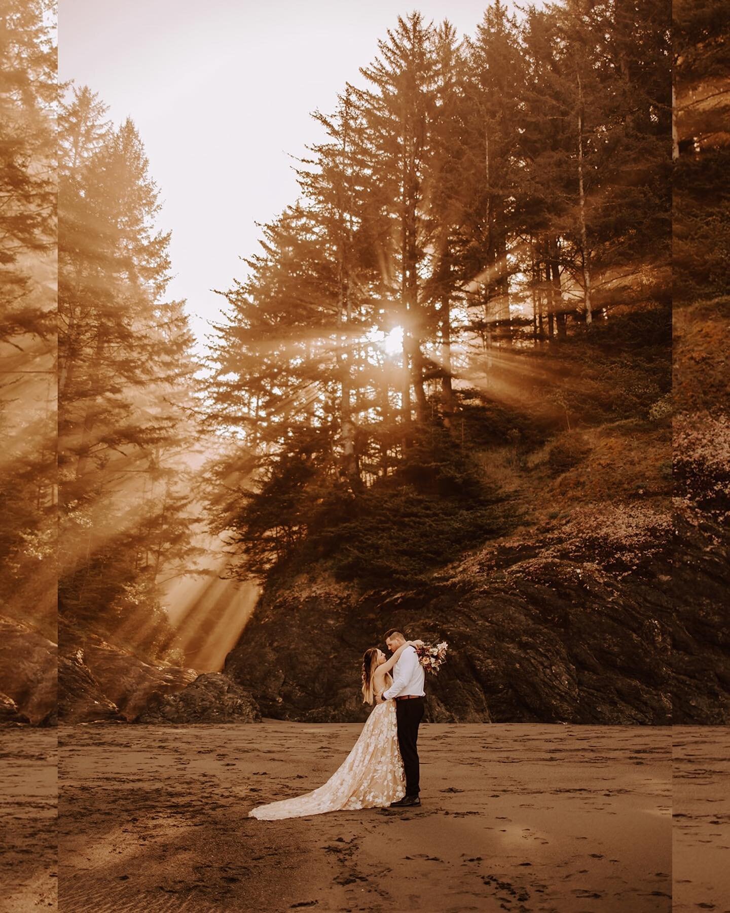 This dreamy sunrise Elopement SURPRISED US!!! ✨When we were just about to wrap up our morning shoot as we looked behind us these rays of sunlight started to shine through the trees! We quickly turned around to take in the moment and capture the beaut