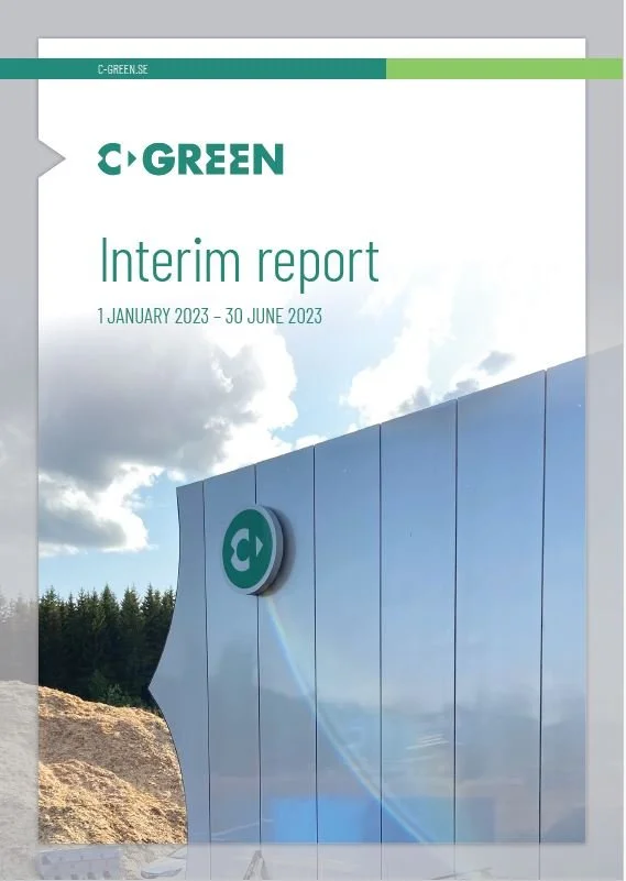 Cover of C-Green's interim report from January to June 2023, featuring a modern building with reflective panels and a logo, set against a background of clouds and greenery.