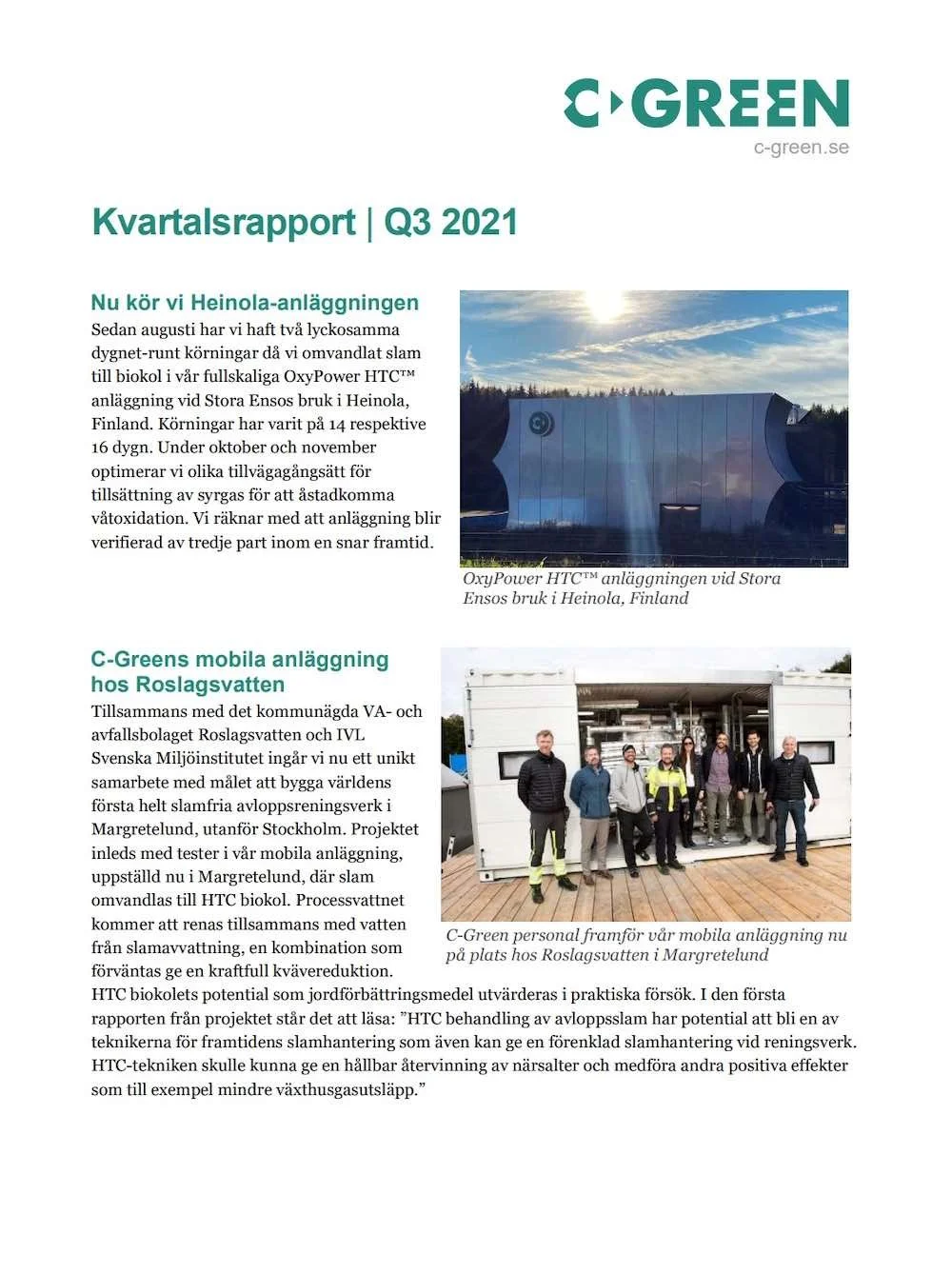 C-Green quarterly report Q3 2021, text and images of facilities in Finland and staff group at mobile unit in Margretelund, Sweden.