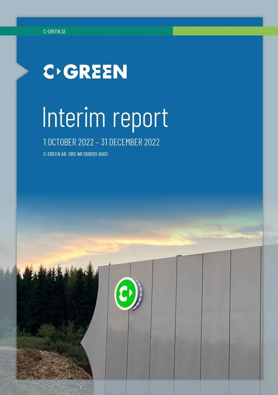 C-Green interim report cover for October to December 2022, featuring a modern building exterior with a green logo and a forest backdrop.