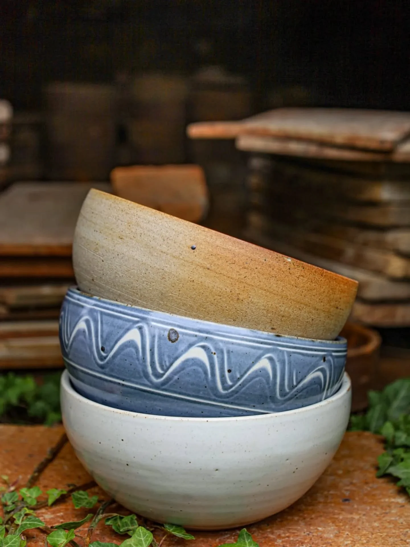 New salad bowls from our firing on Friday. These will be available online later today. 

It's a great relief to have had another firing after long months of rebuilding and repairing our wood fired kiln. The firing was good overall and there were some