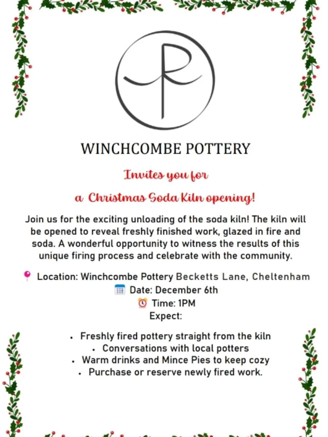 Winchcombe Pottery is getting ready for Christmas! We know its early but we wanted to invite you to our Soda Kiln opening on the 6th of December. It will be a great festive celebration for us at Winchcombe so do come along if you can , there will be 