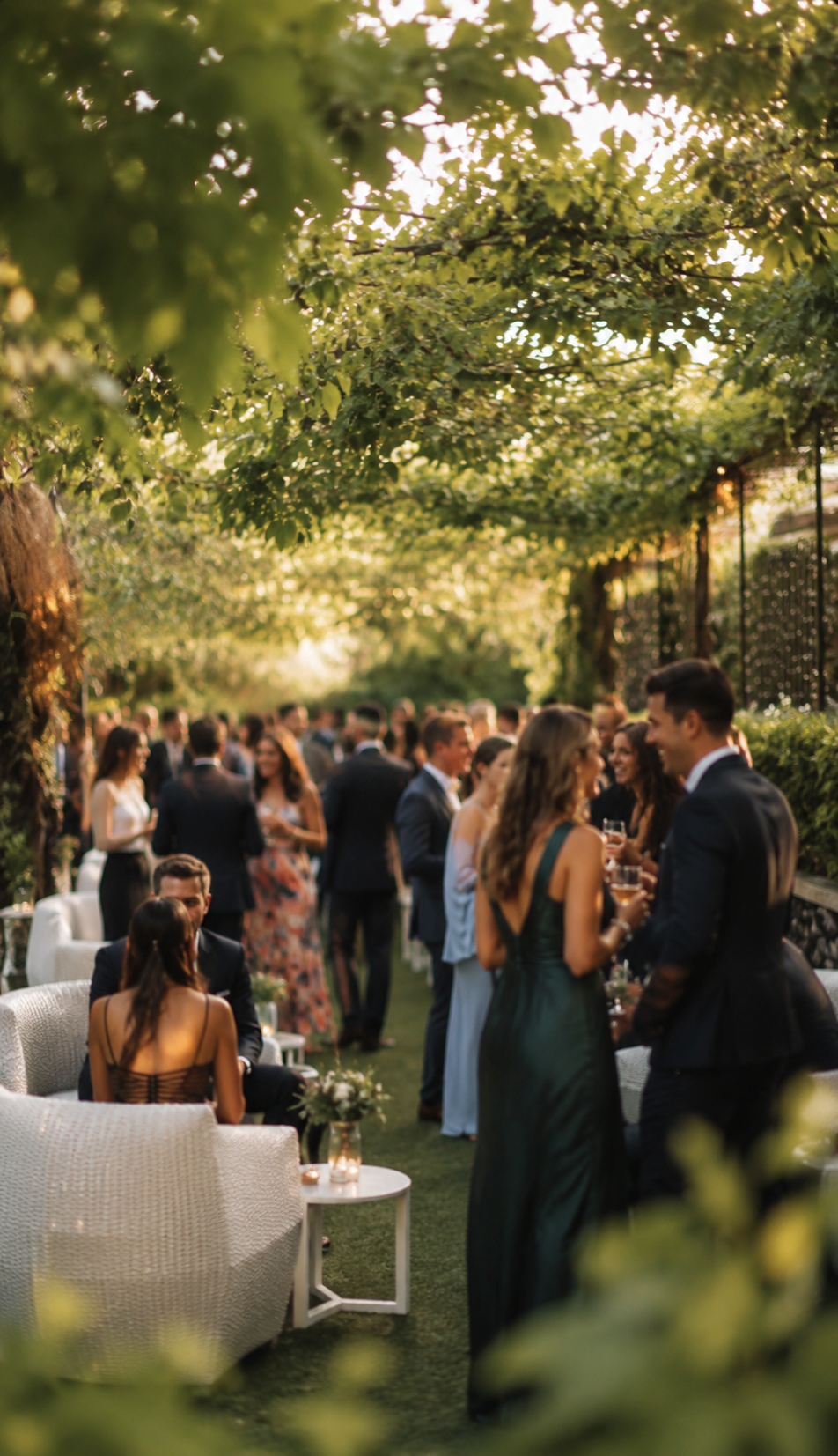 People attending an outdoor garden wedding reception, mingling and holding drinks, under a canopy of green leaves with warm sunlight filtering through.