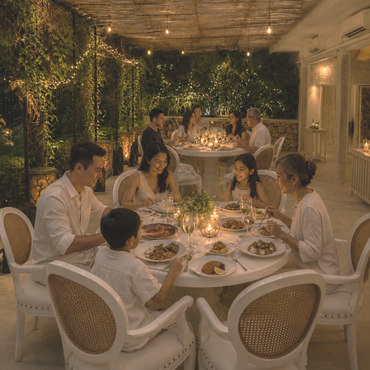 A family dinner at a well-lit, elegant indoor/outdoor restaurant with string lights and greenery.