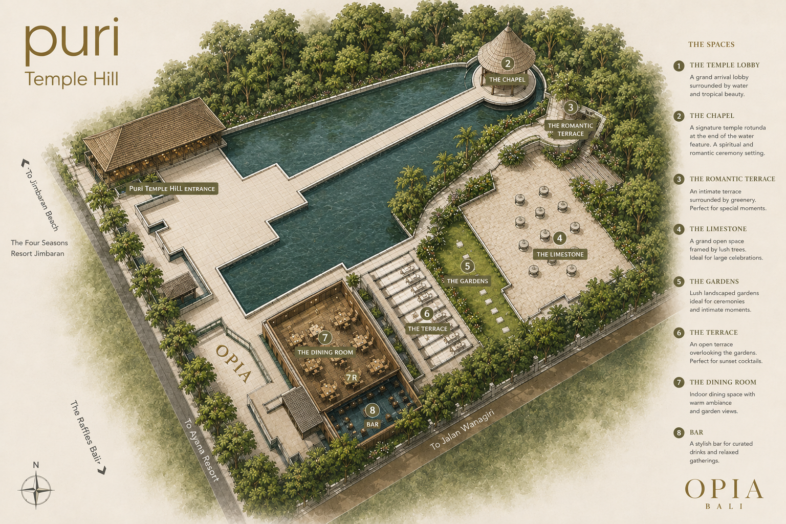 Illustrated map of the Puri Temple Hill wedding venue and Opia Bali complex in Bali, showing various sections including the temple lobby, chapel, romantic terrace, limestone space, gardens, terrace, dining room, and bar, with labels and descriptions.