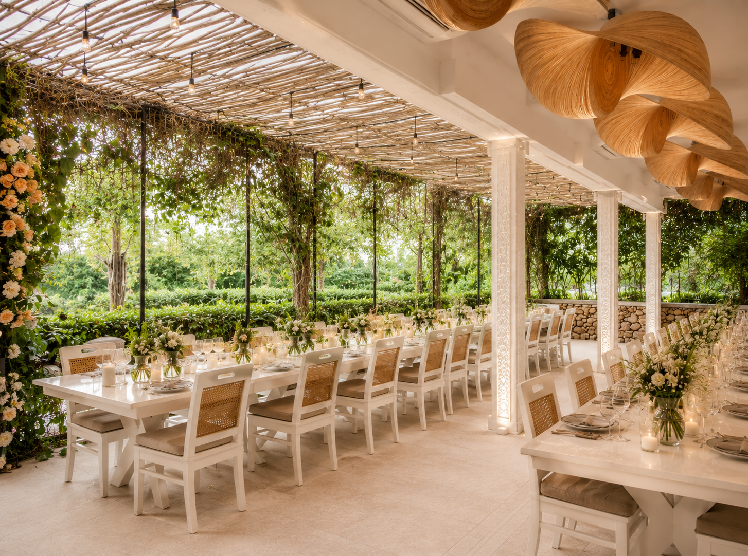 Elegant set up in covered outdoor terrace in Opia Bali. Seats 70 guests