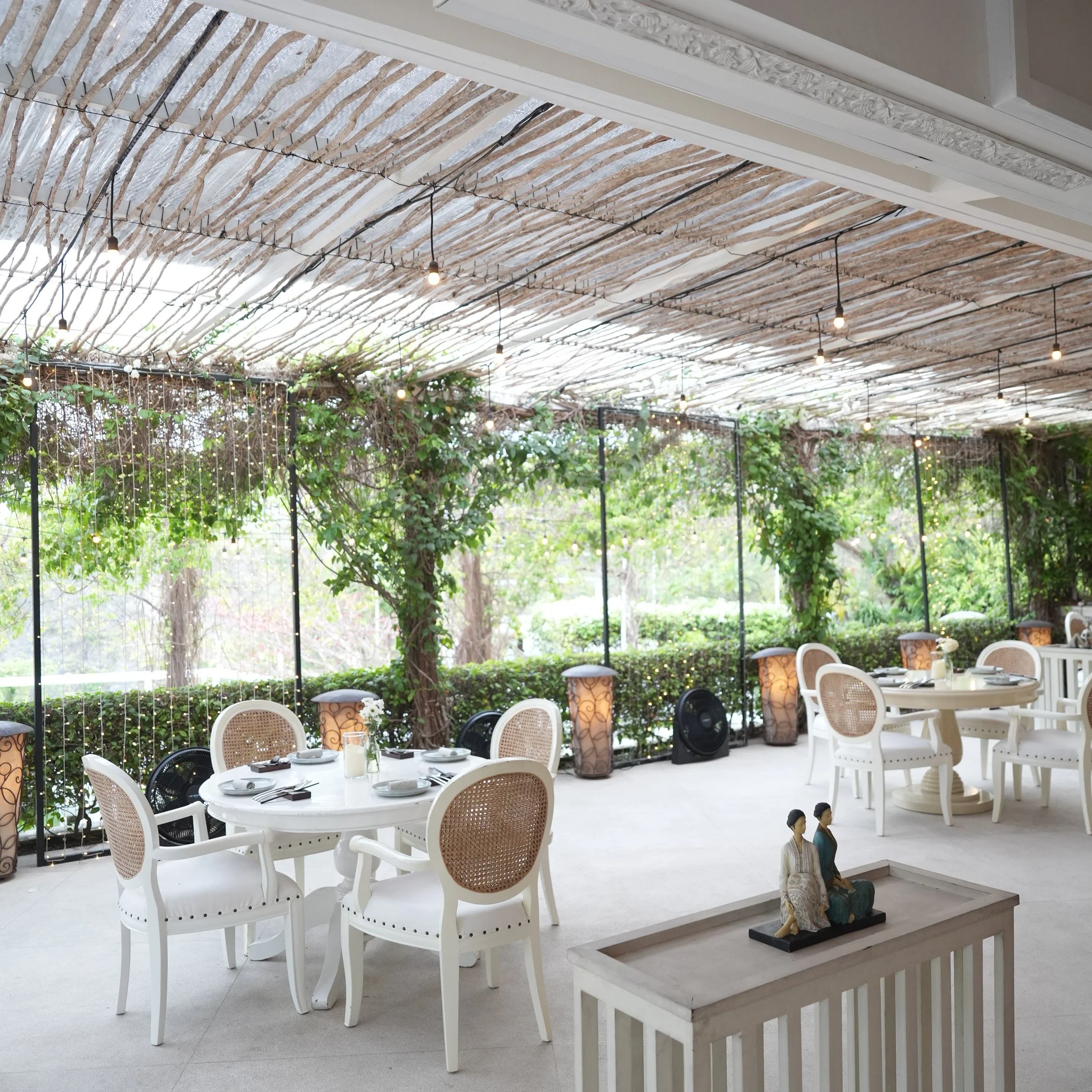 Our elegant covered dinner terrace for casual ala carte dinners or beautifully decorated dinner with friends.