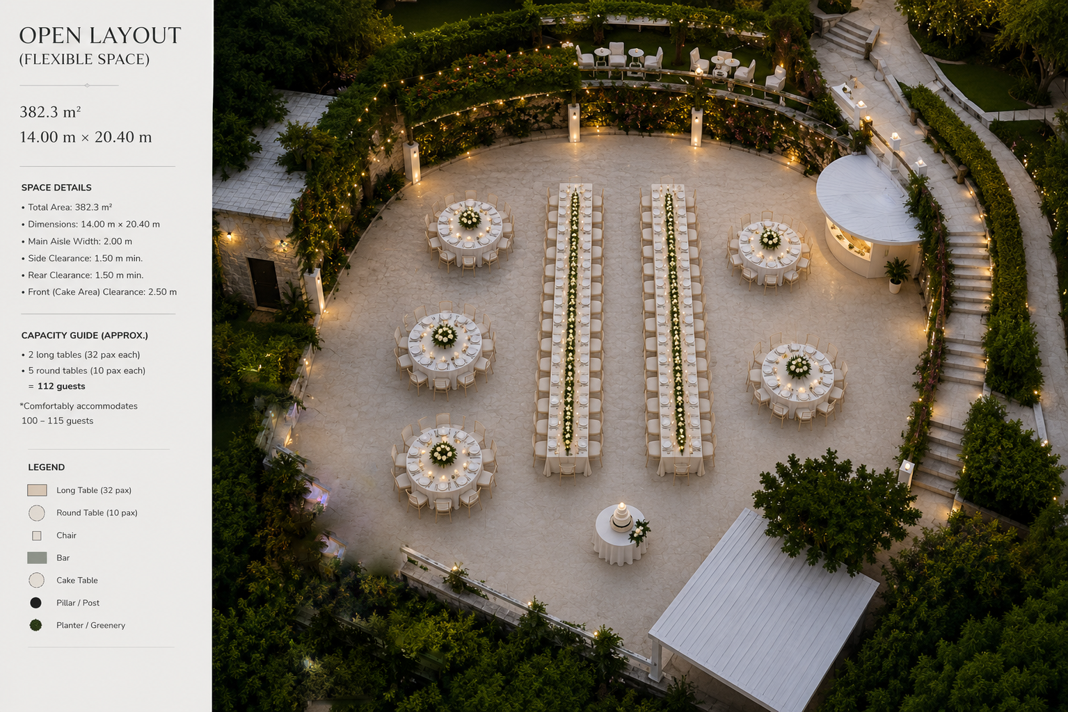 Aerial view of a beautifully decorated outdoor event space with round and long tables, set with white tablecloths and floral centerpieces, surrounded by greenery and lighting, prepared for a celebration or wedding reception.